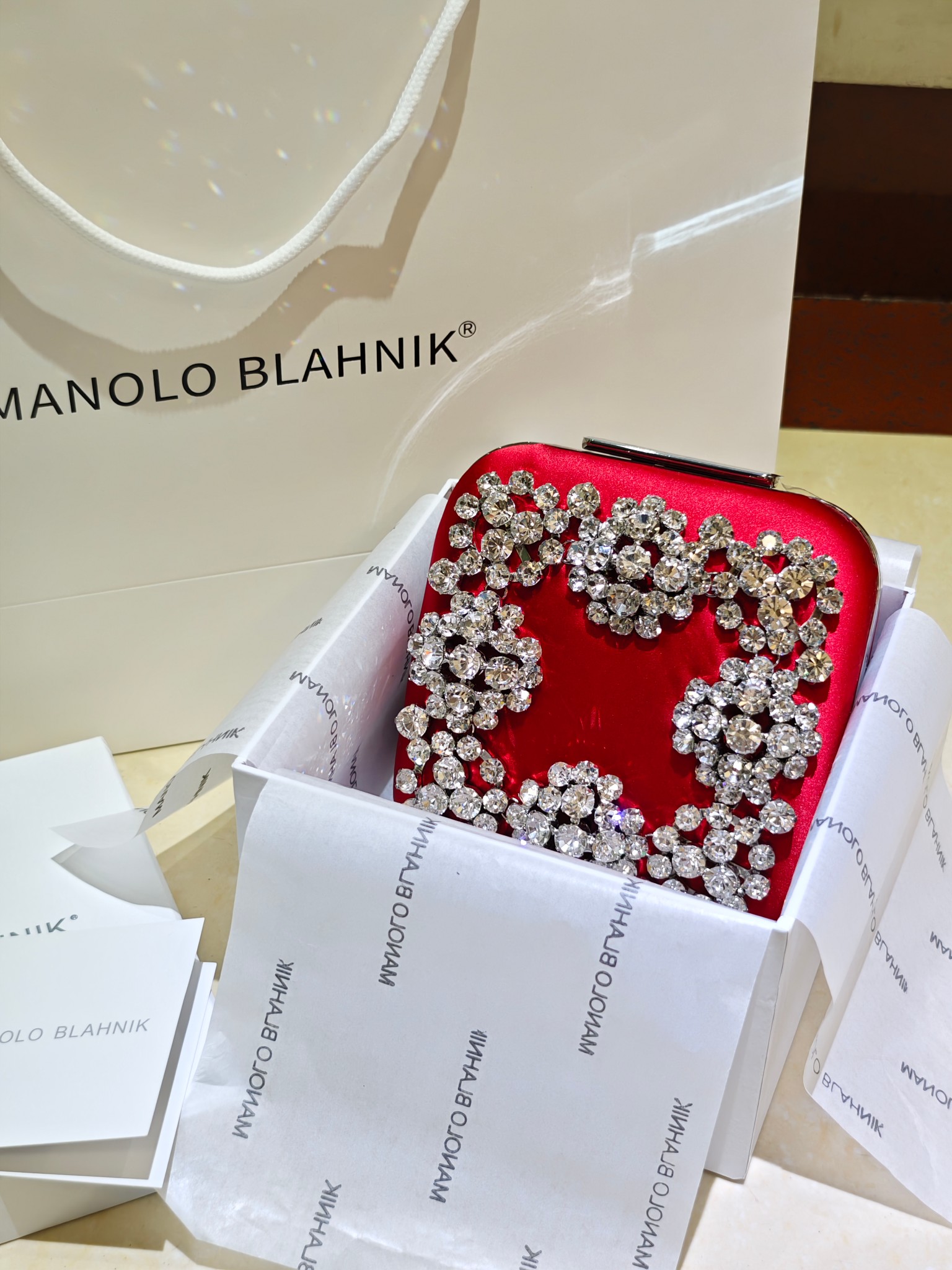 [TOP] MANOLO BLAHNIK Lace-patterned Square Bag 15.8*17*7.3cm - Red - 711 Luxury