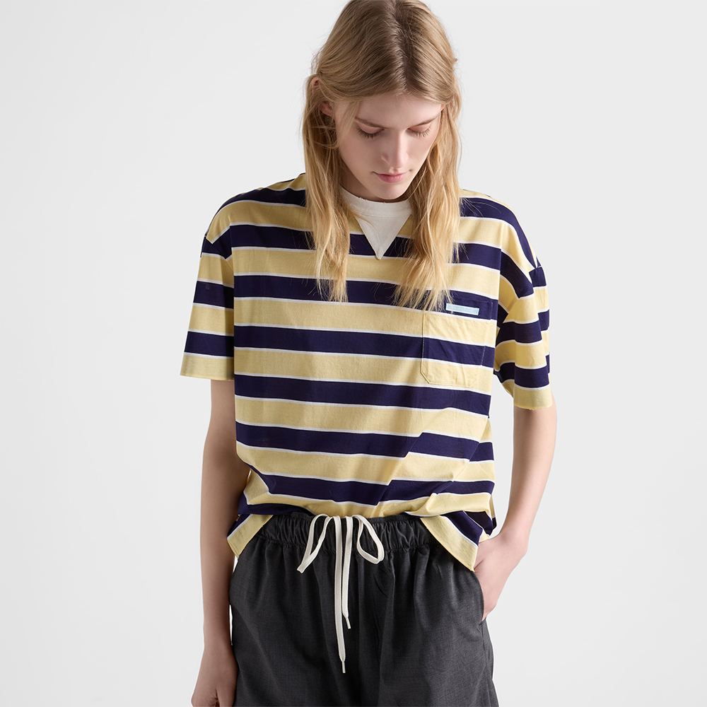 PRADA Blue cream Bayadere Striped Lisle Cotton T-shirt #388173
