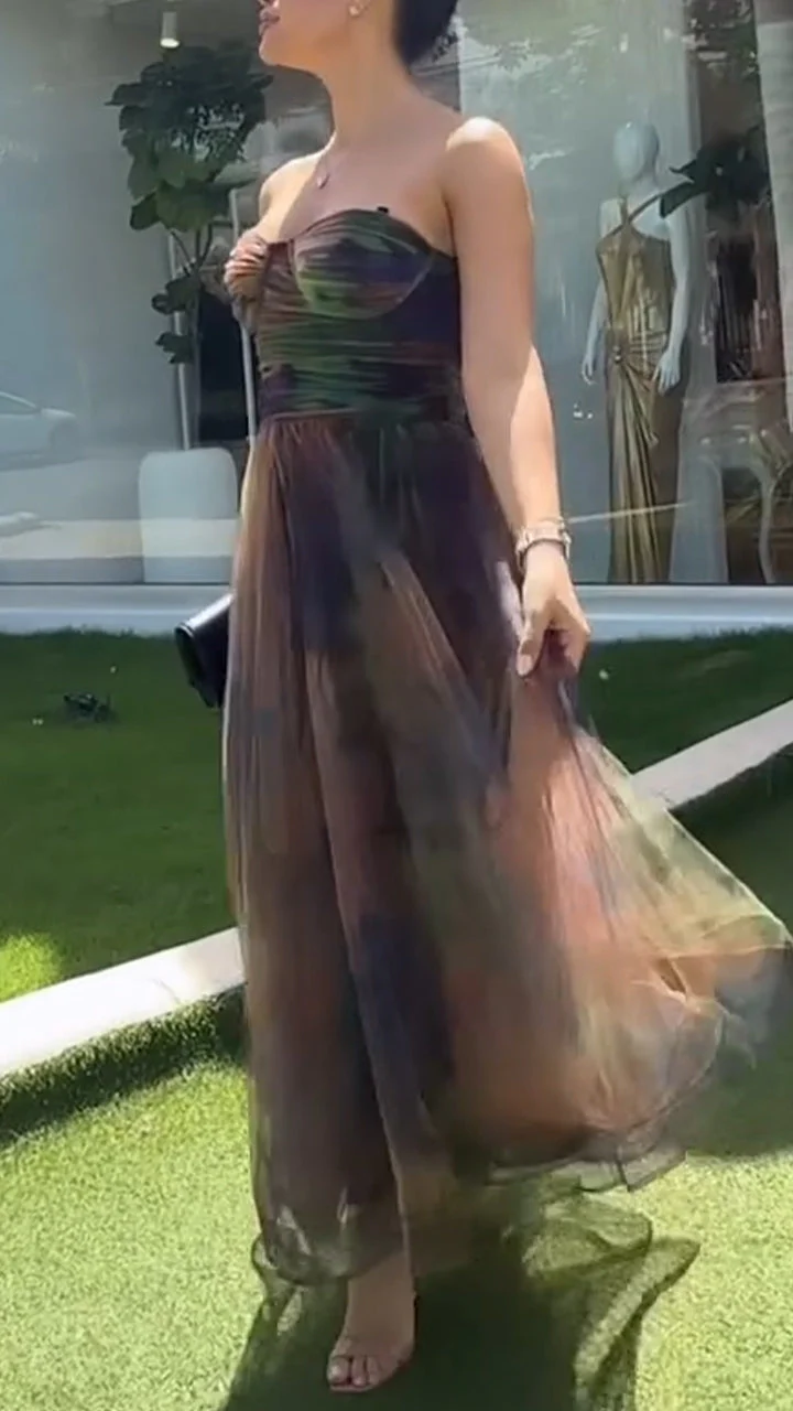 Women Strapless Patchwork Blended Elegant Temperament Dress