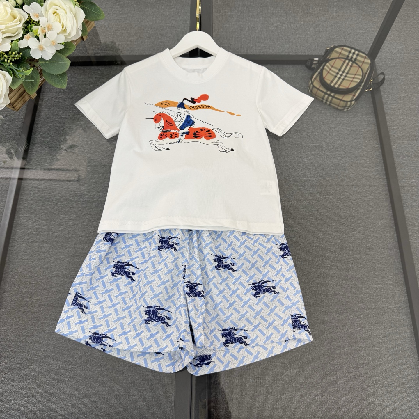 Burberry Unisex Kids White Colorful Equestrian Print Short Sleeve T Shirt & All Over Knight Logo Drawstring Beach Shorts Two Piece Vacation Set Boys Girls Sizes 100-150