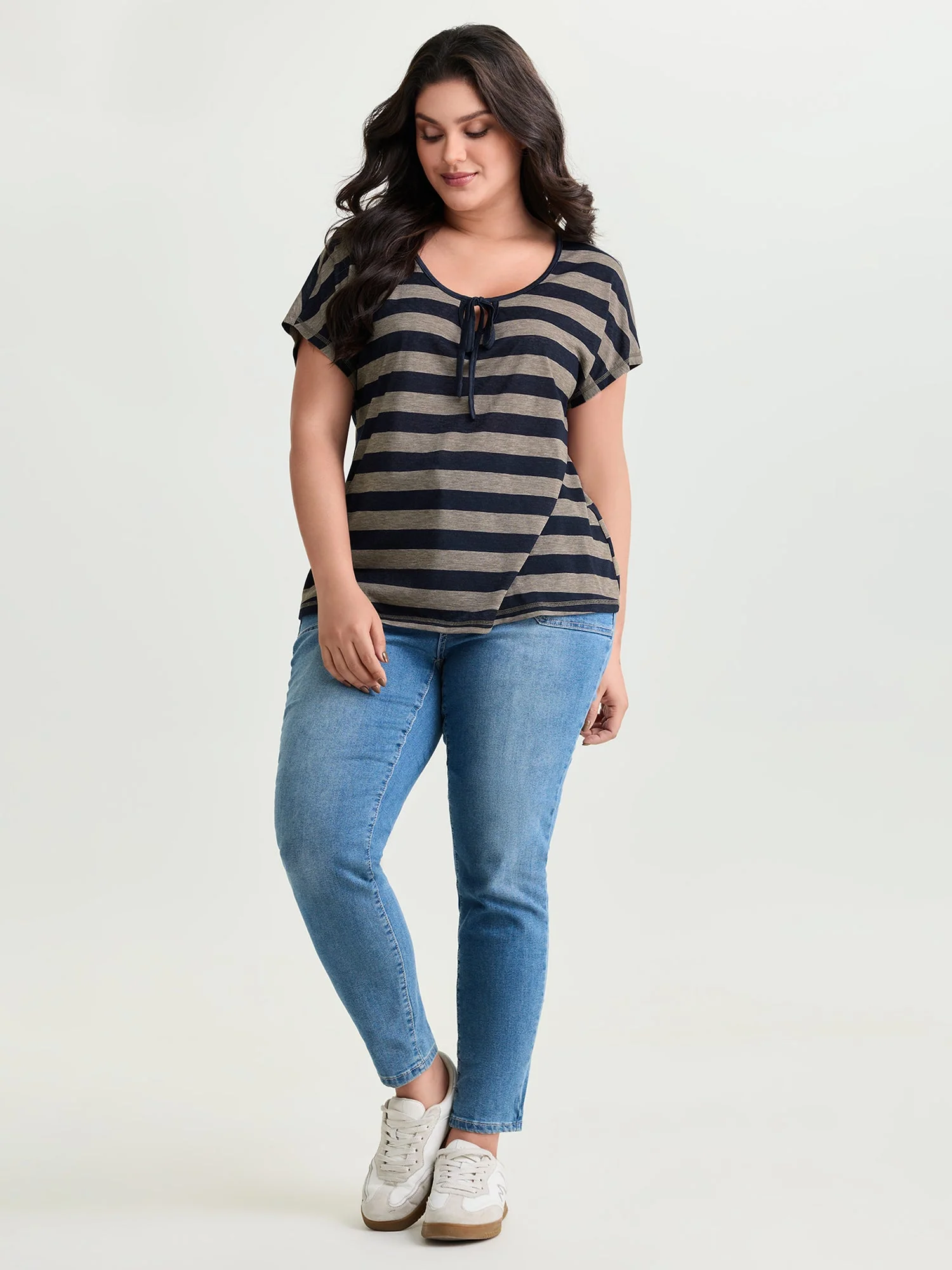Stretchy Striped Print Neck-Tie T-Shirt