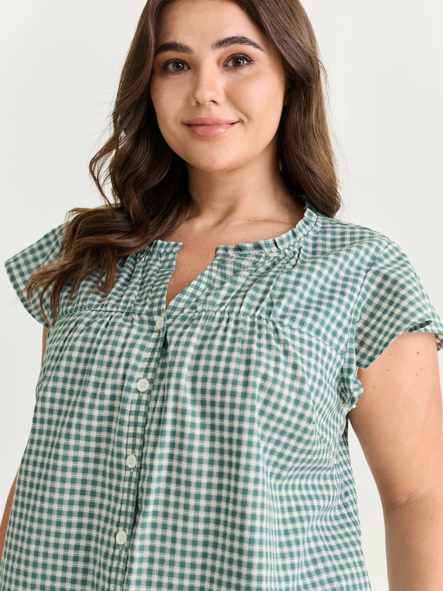 Cotton Check Print Ruffled Sleeve Blouse