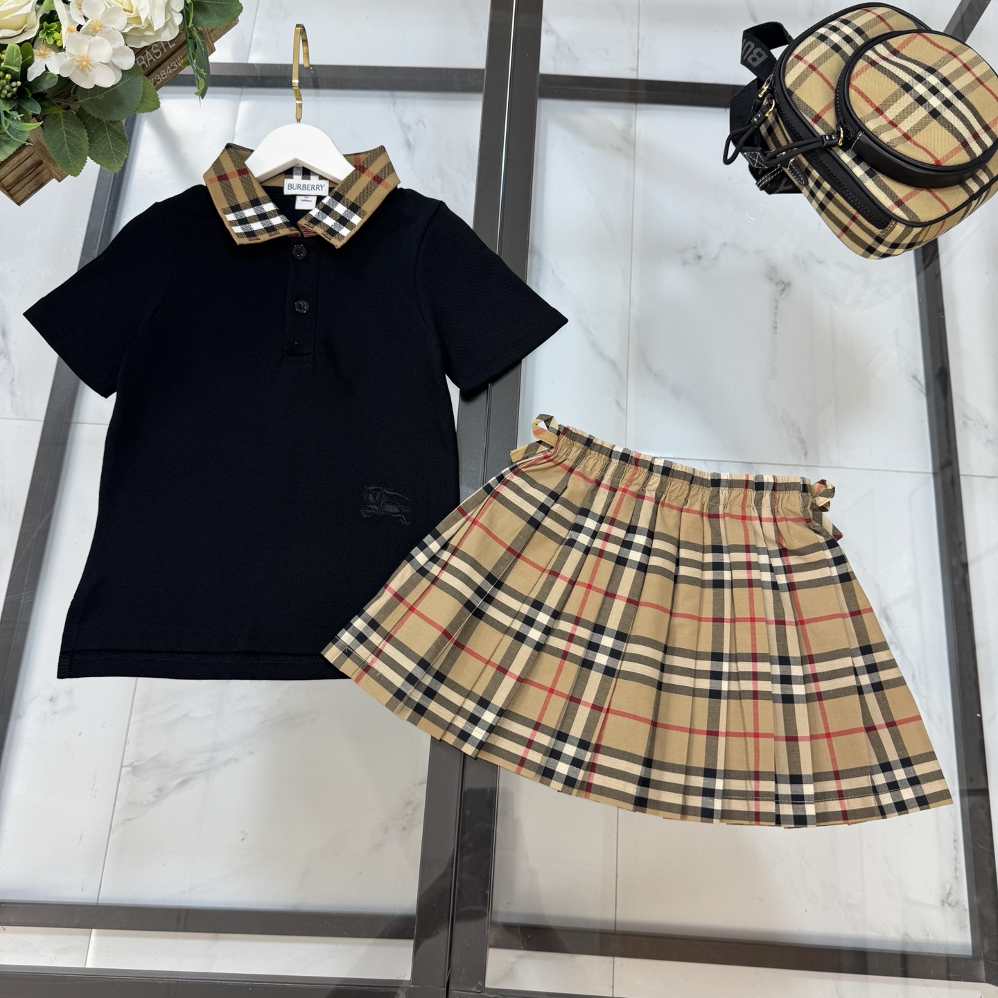 Burberry Girls Black Vintage Check Collar Polo Shirt & Signature Plaid Bow Pleated Skirt Two Piece Sibling Matching Set Kids Sizes 100-160