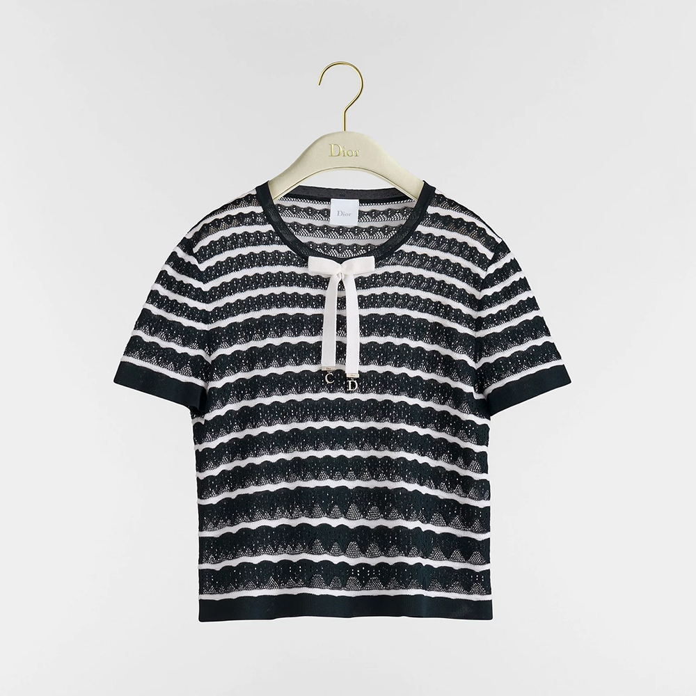DIOR Top-quality Version Dior Marinière Short-Sleeved Sweater Navy Blue and White Wool-Blend Lace #397119