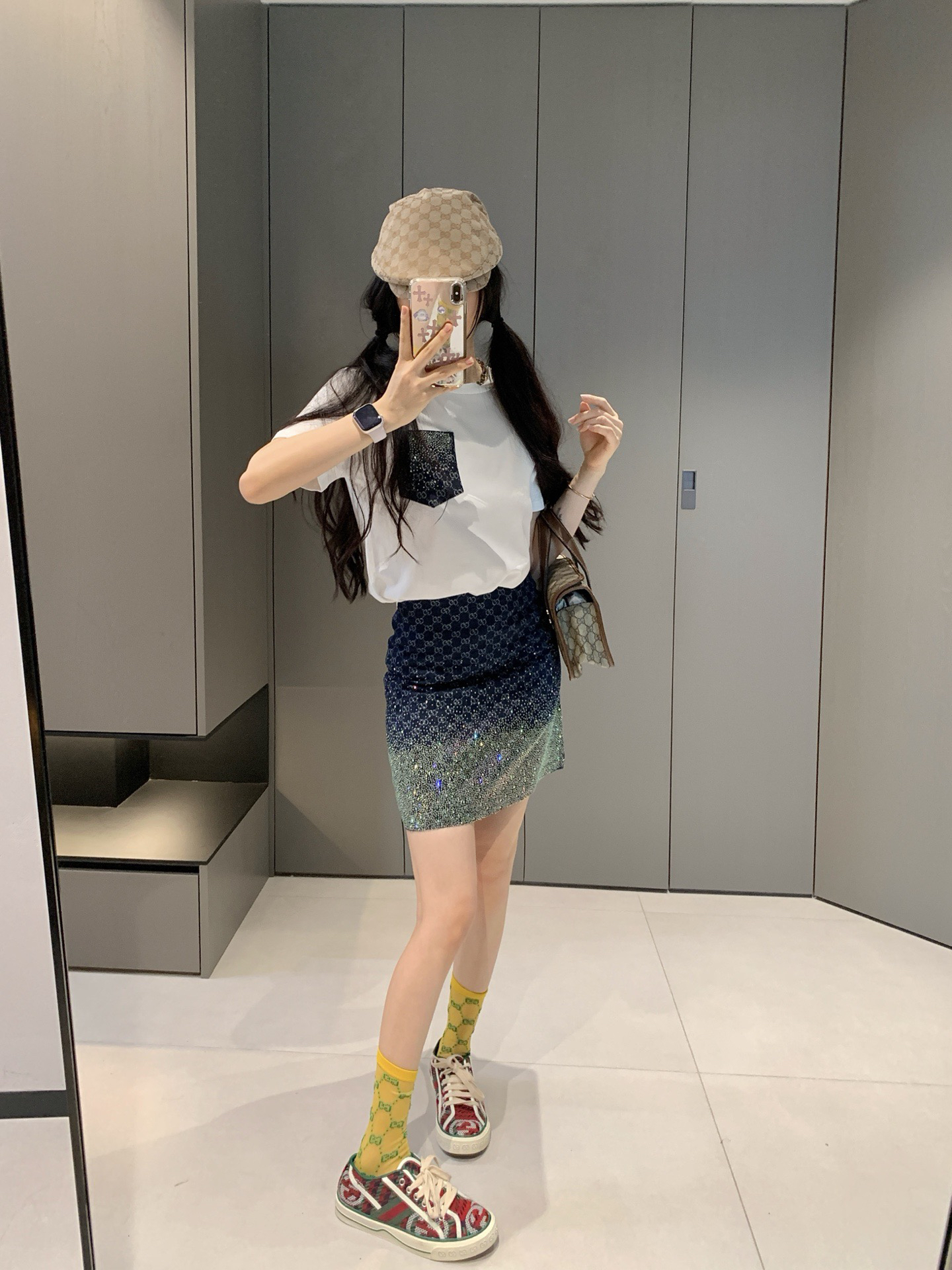 [TOP] GUCCI T-shirt + Skirt Set - White/Navy Blue