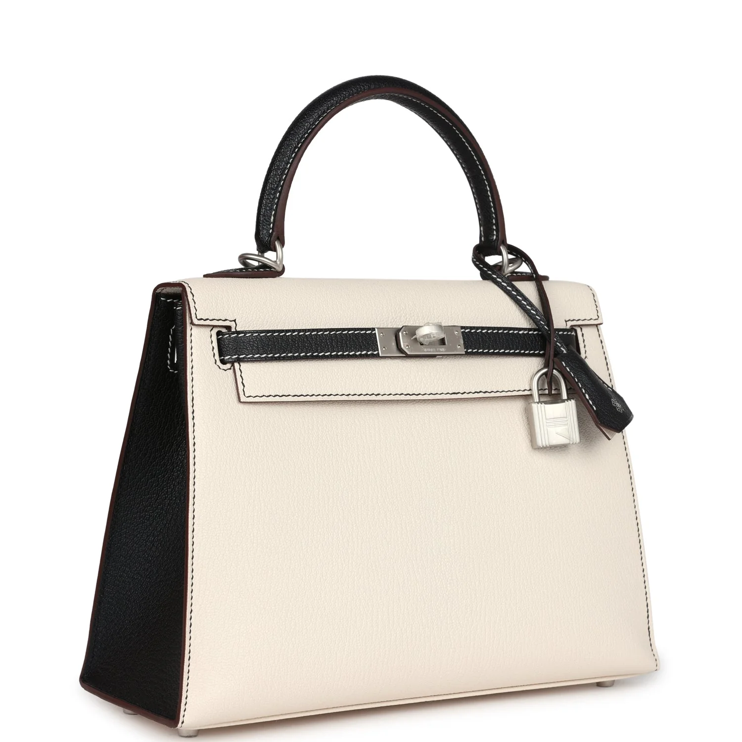 Hermes Special Order (HSS) Kelly Sellier  Nata and Black Chevre Mysore Brushed Palladium Hardware