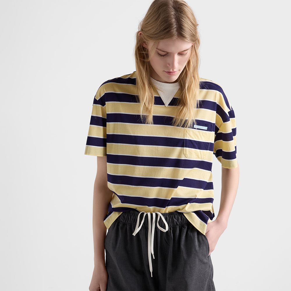 PRADA Blue Cream Bayadere Striped Lisle Cotton T-shirt #378657