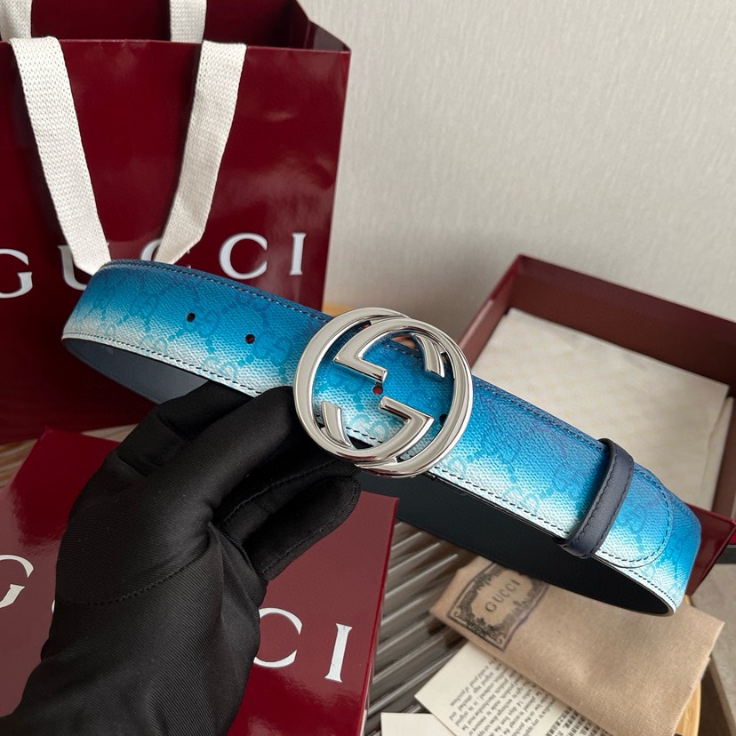[TOP] GUCCI GG Belt 4cm - White/Blue - 711 Luxury