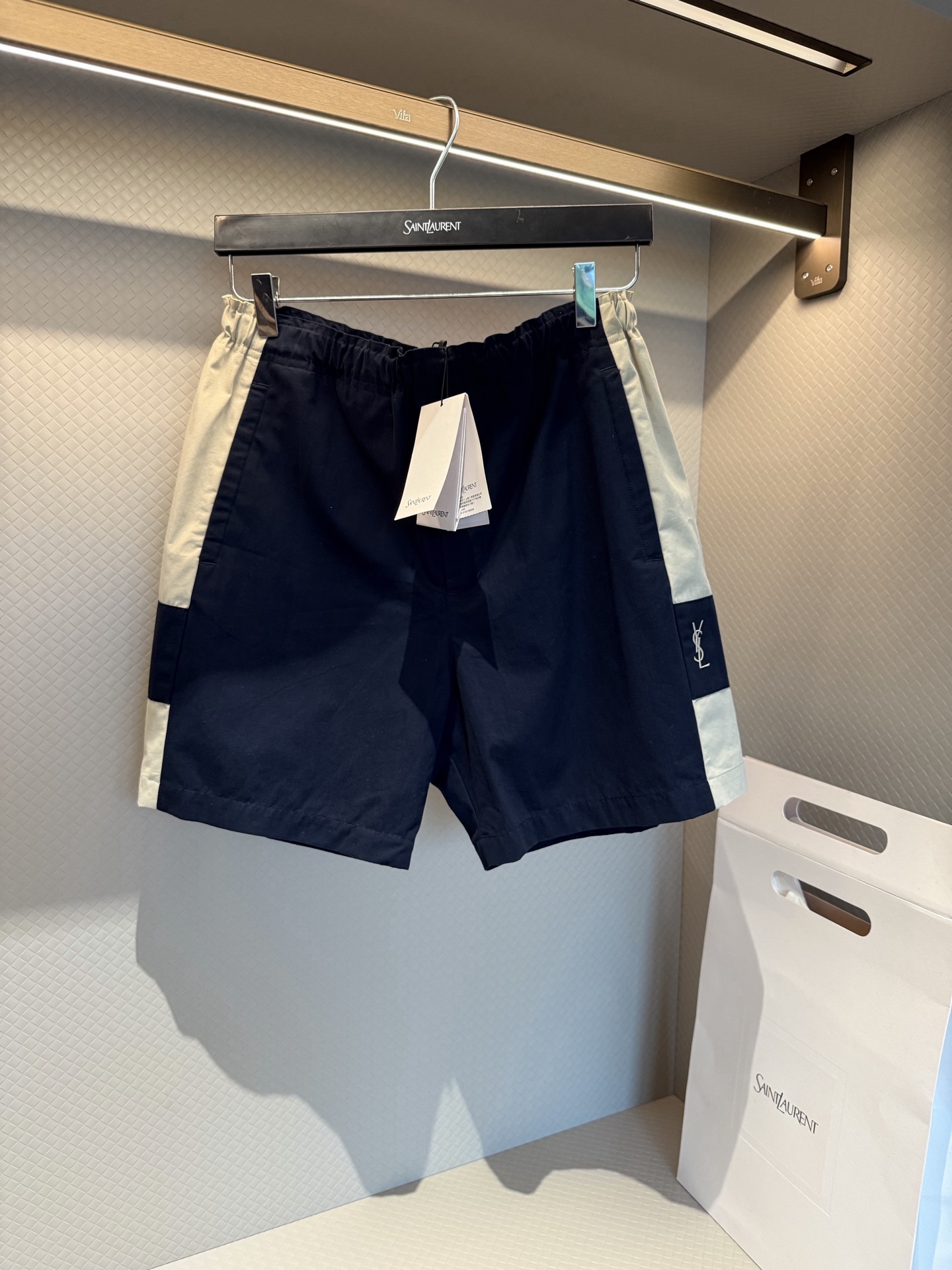 Saint Laurent Blue Cassandre Embroidered Cotton Shorts #387831