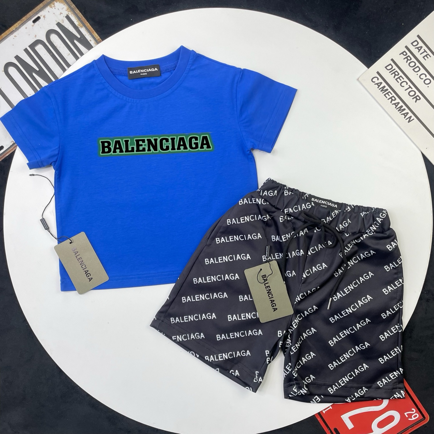 Balenciaga Unisex Kids Bright Blue Green Outline Logo Short Sleeve T-Shirt & Black All Over Letter Print Casual Shorts 2 Piece Set Boys Girls Sizes 90-150