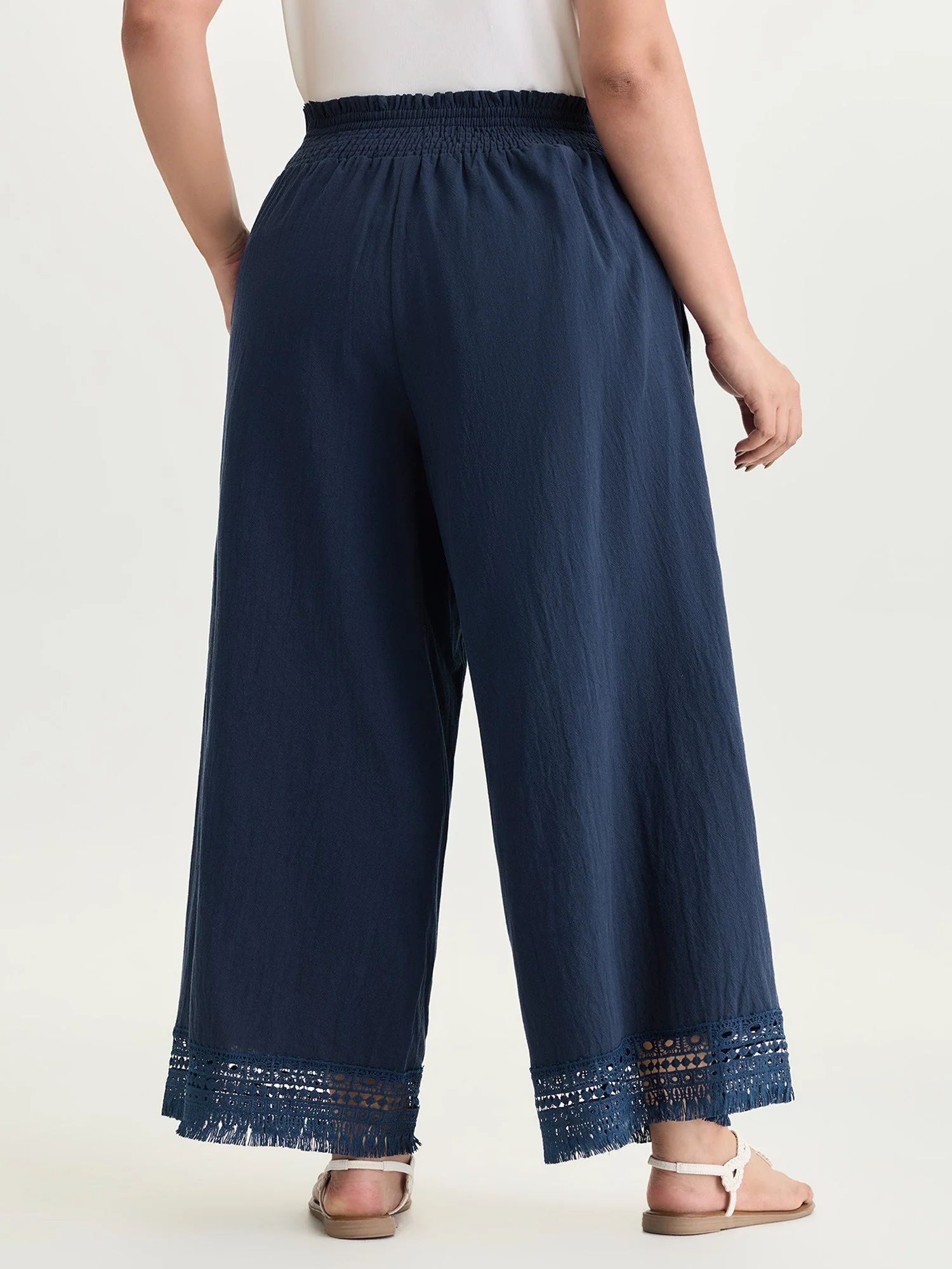 Cotton Wide Shirred Waistband Lace Hem Pants