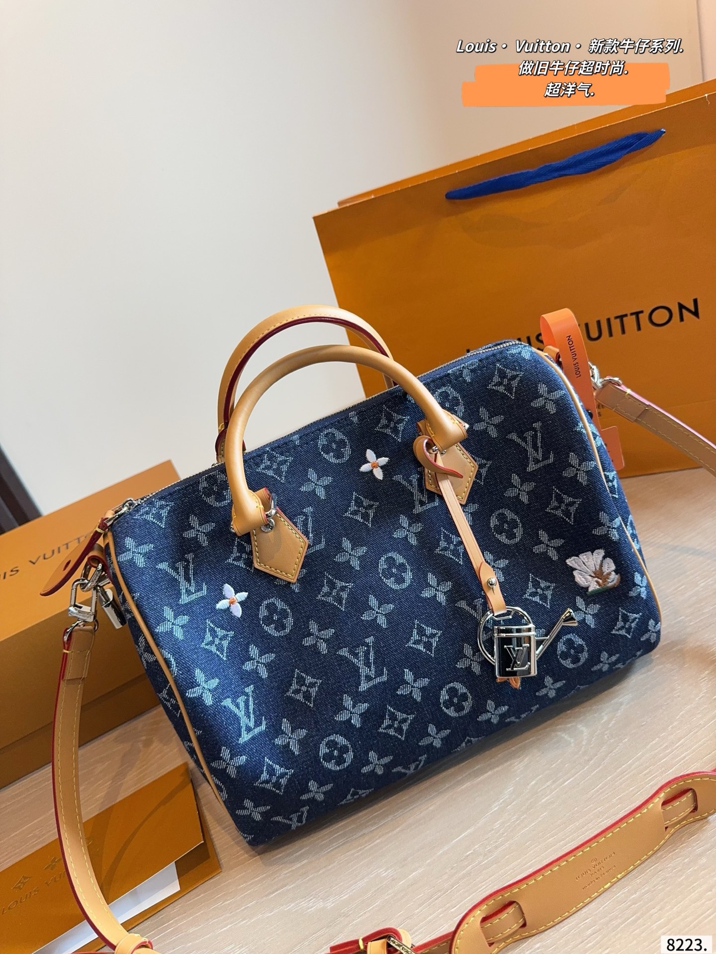 Louis Vuitton Speedy Denim Floral Embroidery Handbag with Detachable Strap (Replica)