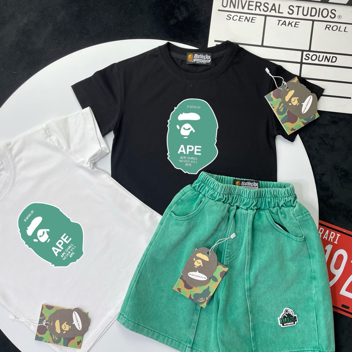 Bape X Xlarge Unisex Kids Black White Green Ape Head Print Short Sleeve T-Shirt & Green Washed Denim Shorts Set Boys Girls Sizes 90-150