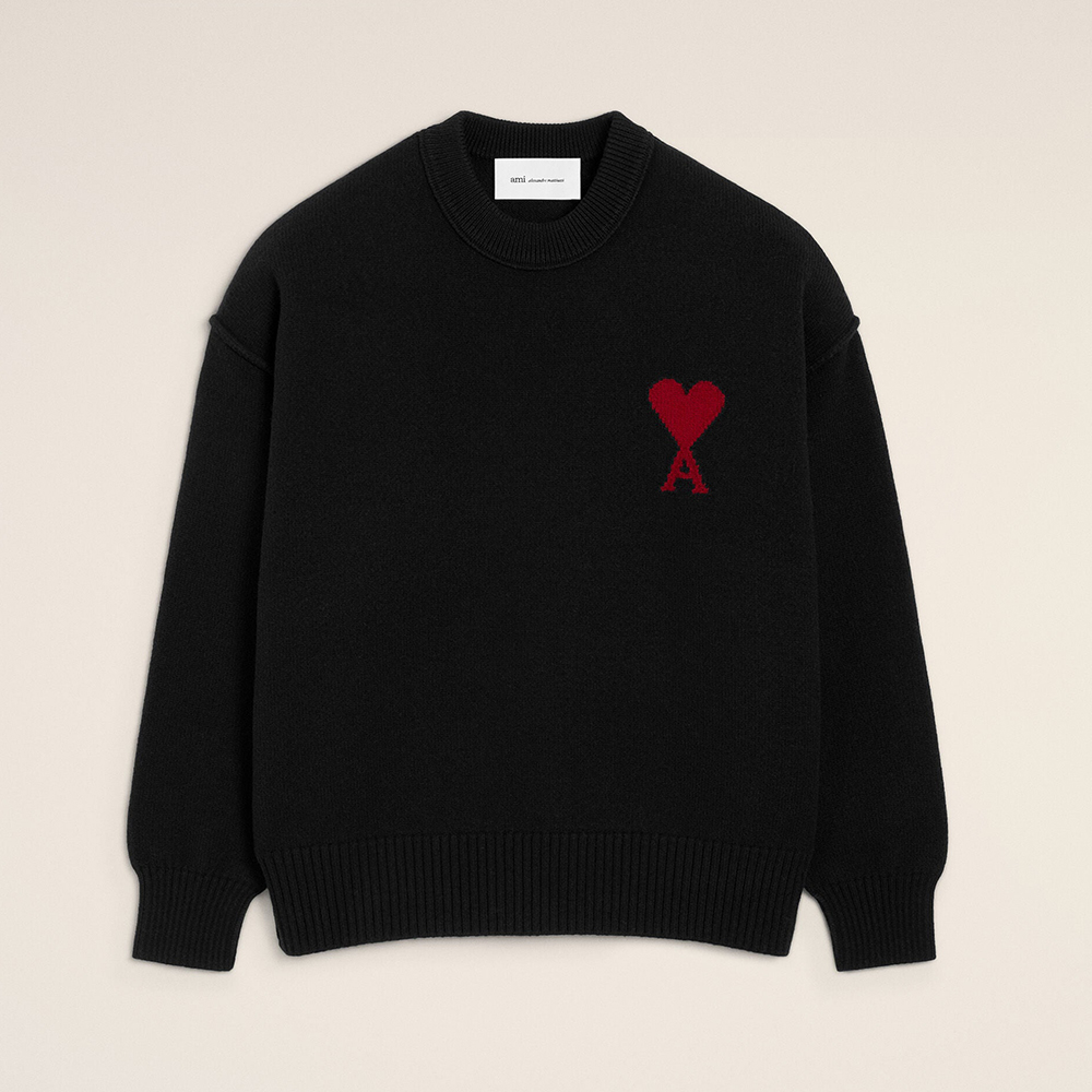 AMI PARIS BLACK RED Black Wool Ami De Coeur Crewneck Sweater #378509