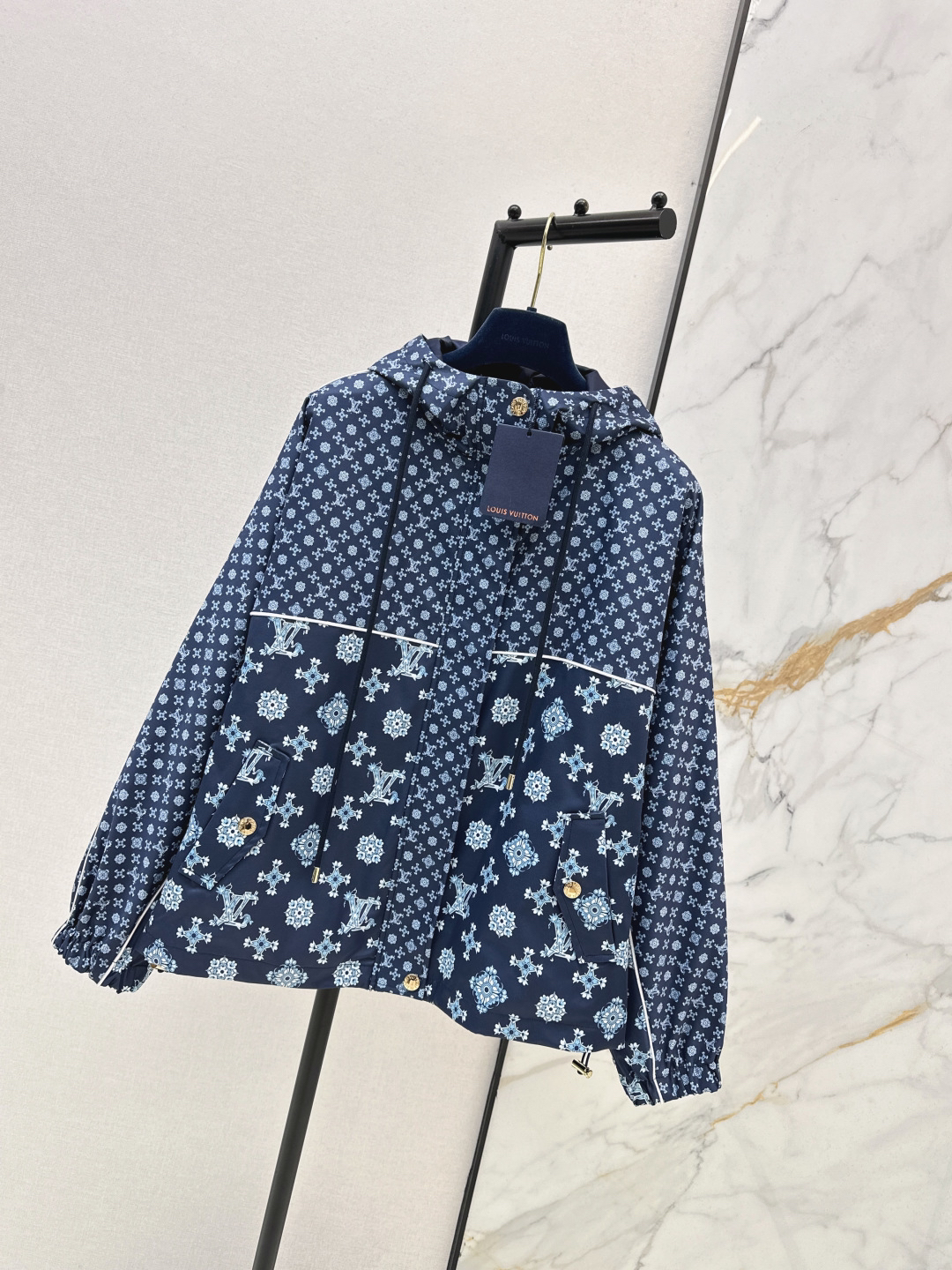 [TOP] Louis Vuitton LV Hooded Zip-Up Monogram Trench Coat - Navy Blue