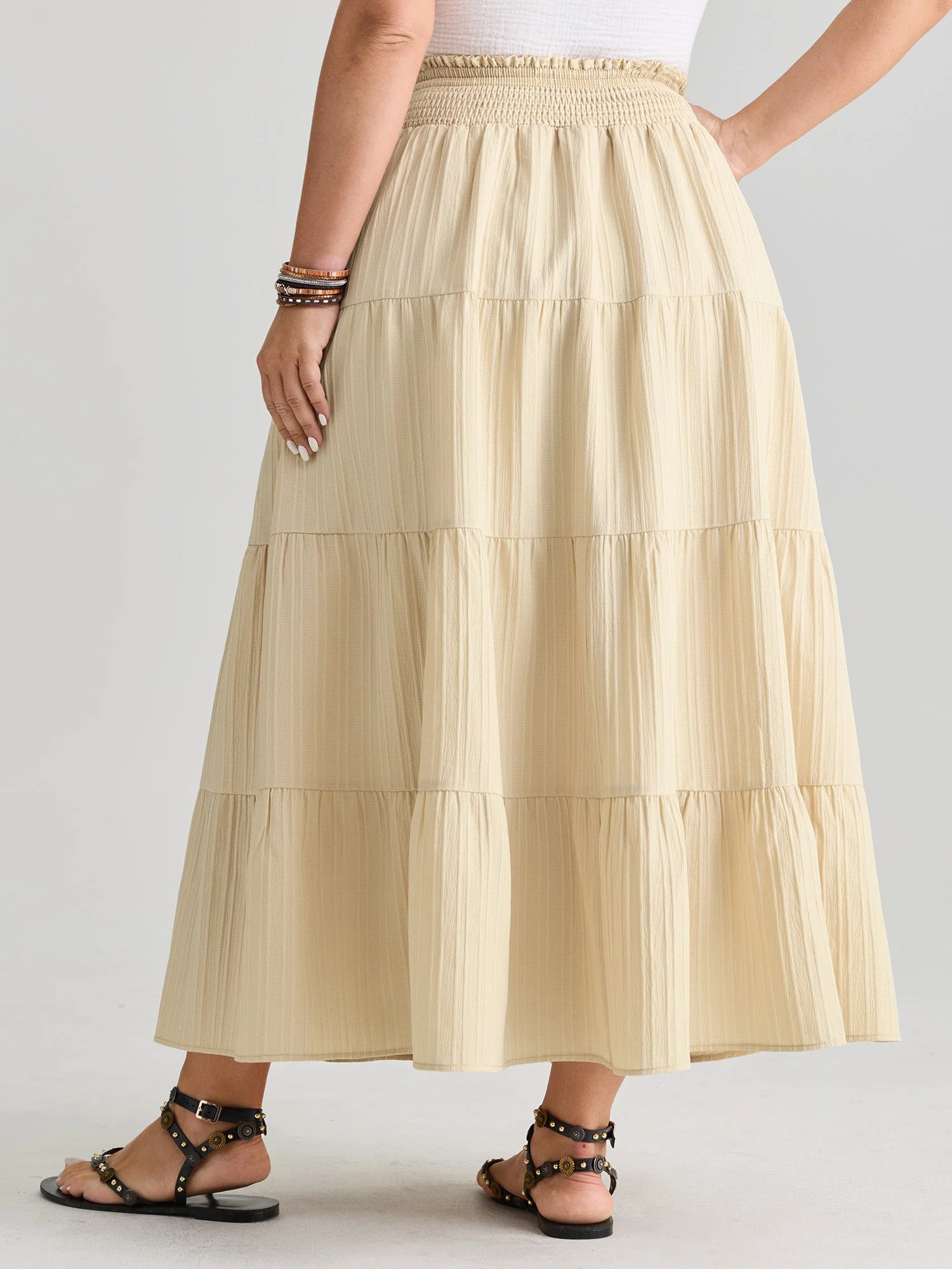Shirred Wide Waistband Tiered Maxi Skirt