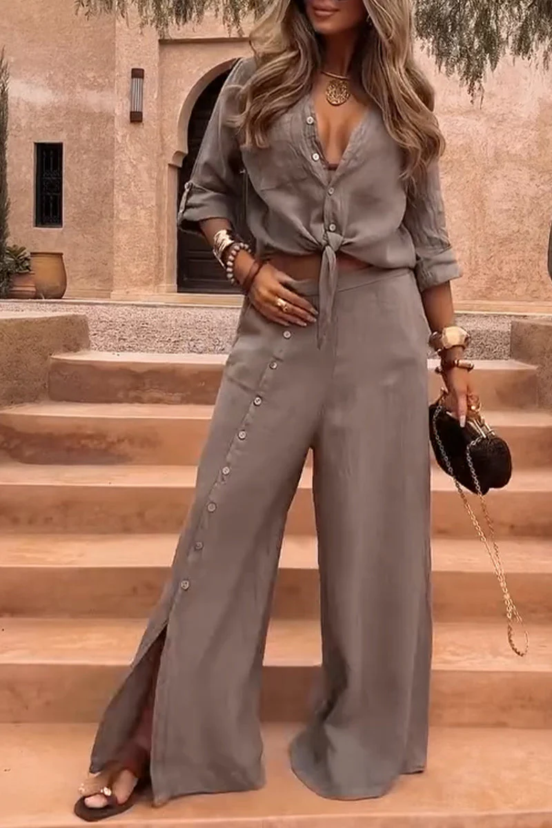 Women's Lapel Slit Button Cotton and Linen Casual Suit