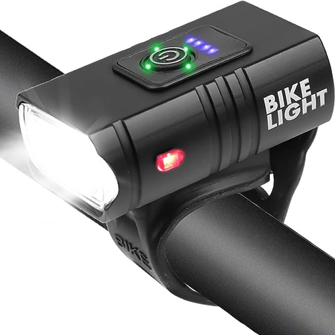 Bike front light with multiple brightness settings, featuring a red tail light for enhanced visibility and safety during night rides. USB rechargeable with easy mounting system for convenient installation. 🚴‍♂️💡