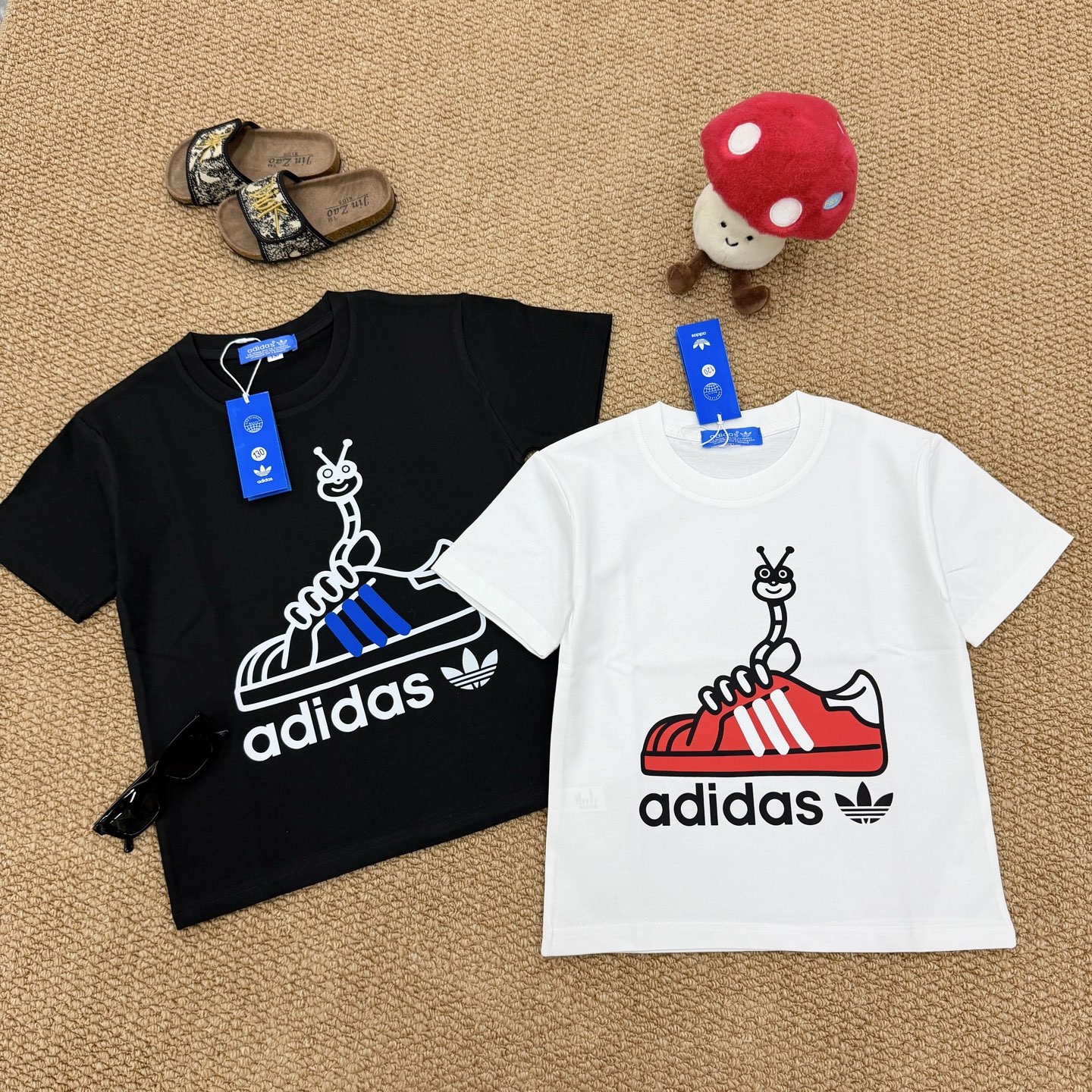 Adidas Unisex Kids Short Sleeve T-Shirt Cute Cartoon Snail Sneaker Graphic Cotton Tee Full Complete Tags Sizes 90-150 Boys Girls Summer Casual Sports Top