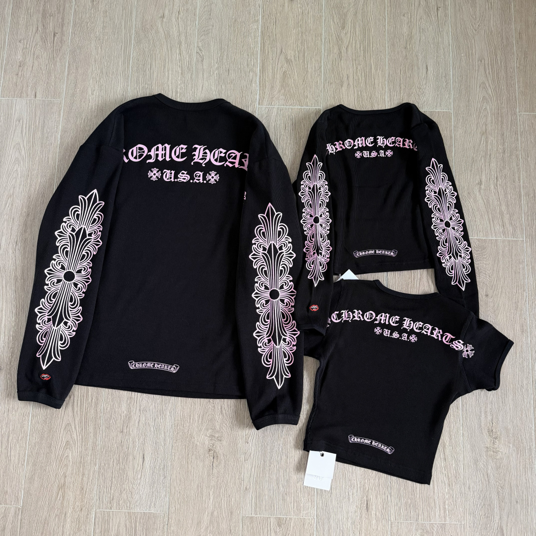 Chrome Hearts pink Clothing Chrome Hearts Pink Sanskrit Printed Waffle Graffiti Short-sleeved Sweatshirt #394631 | Nigo Offic