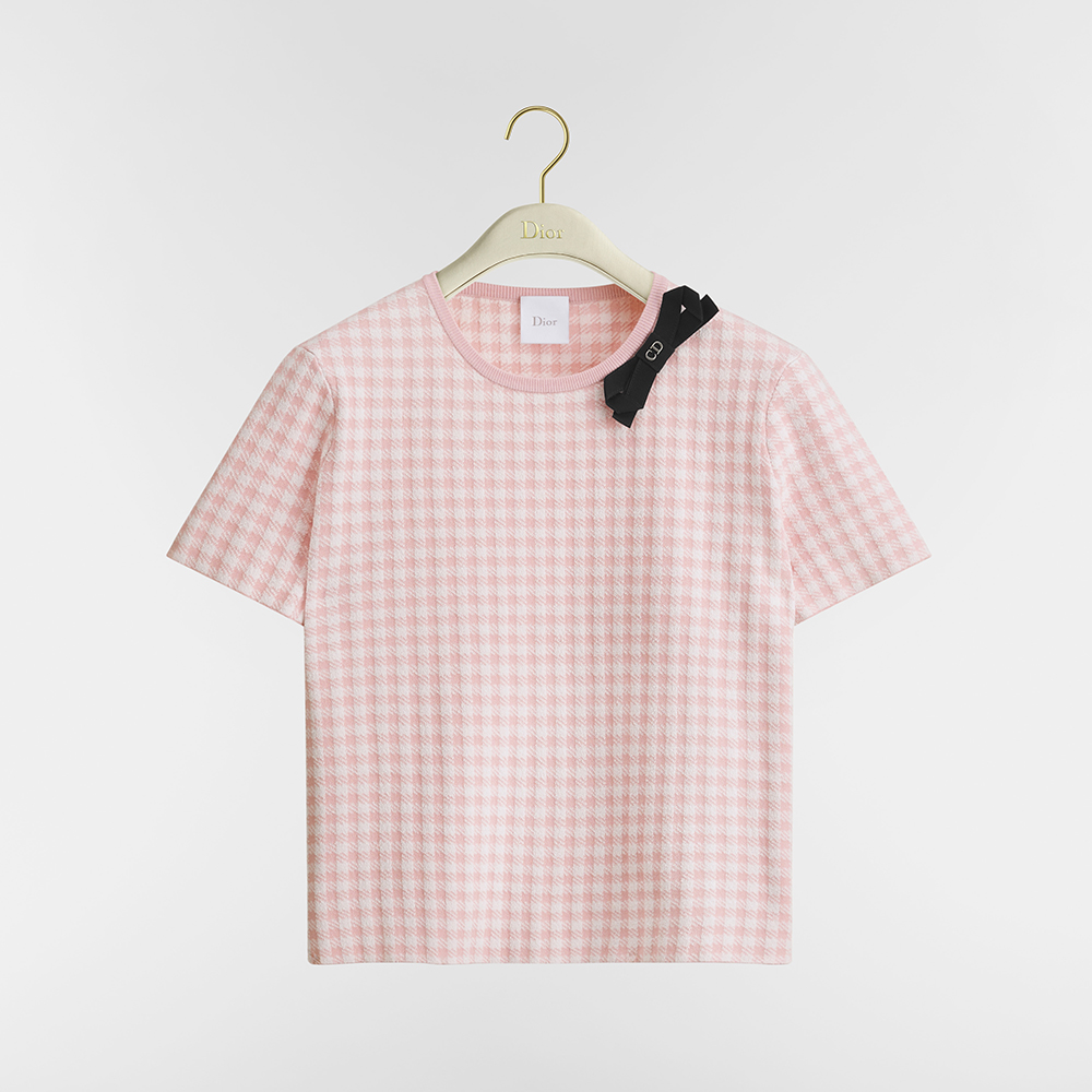 DIOR Dioriviera Flared Short-Sleeved Top Miniskirt Pink and White Dior Vichy Cotton-Blend Knit #383515