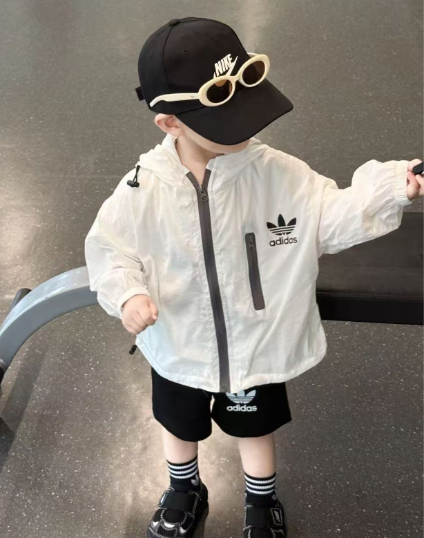Adidas Unisex Kids 2-Piece Trefoil Long Sleeve Sun Protection Jacket & Cotton Shorts Set Boys Girls Sizes 90-150