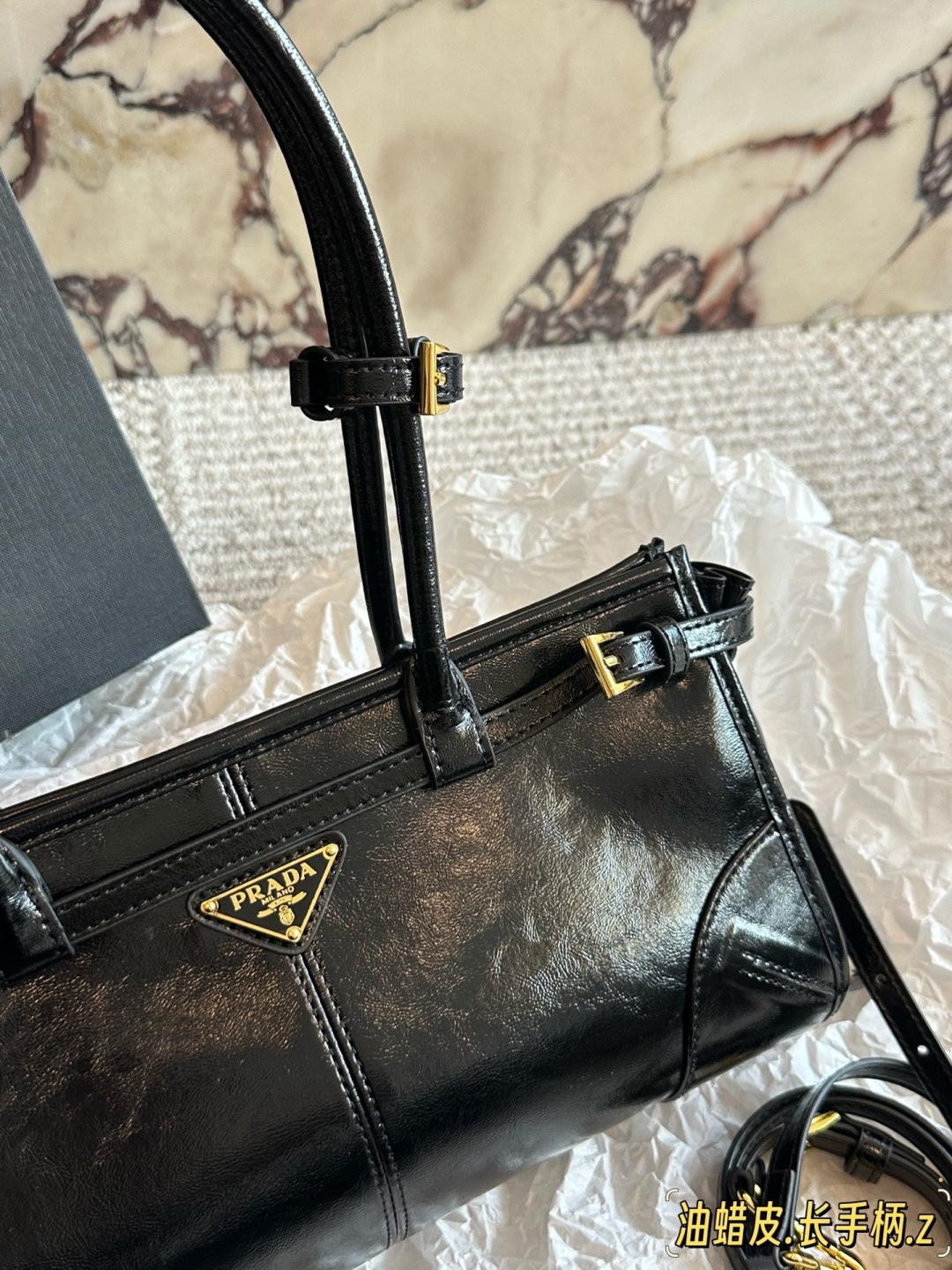 Prada SoftLux Black Leather Handbag with Gold-tone Hardware (Replica)