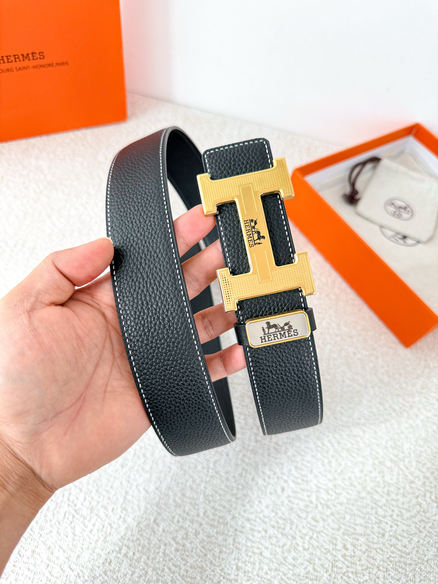 [TOP] HERMES Men's Buckle Logo Belt 3.8cm - Black - 711 Luxury