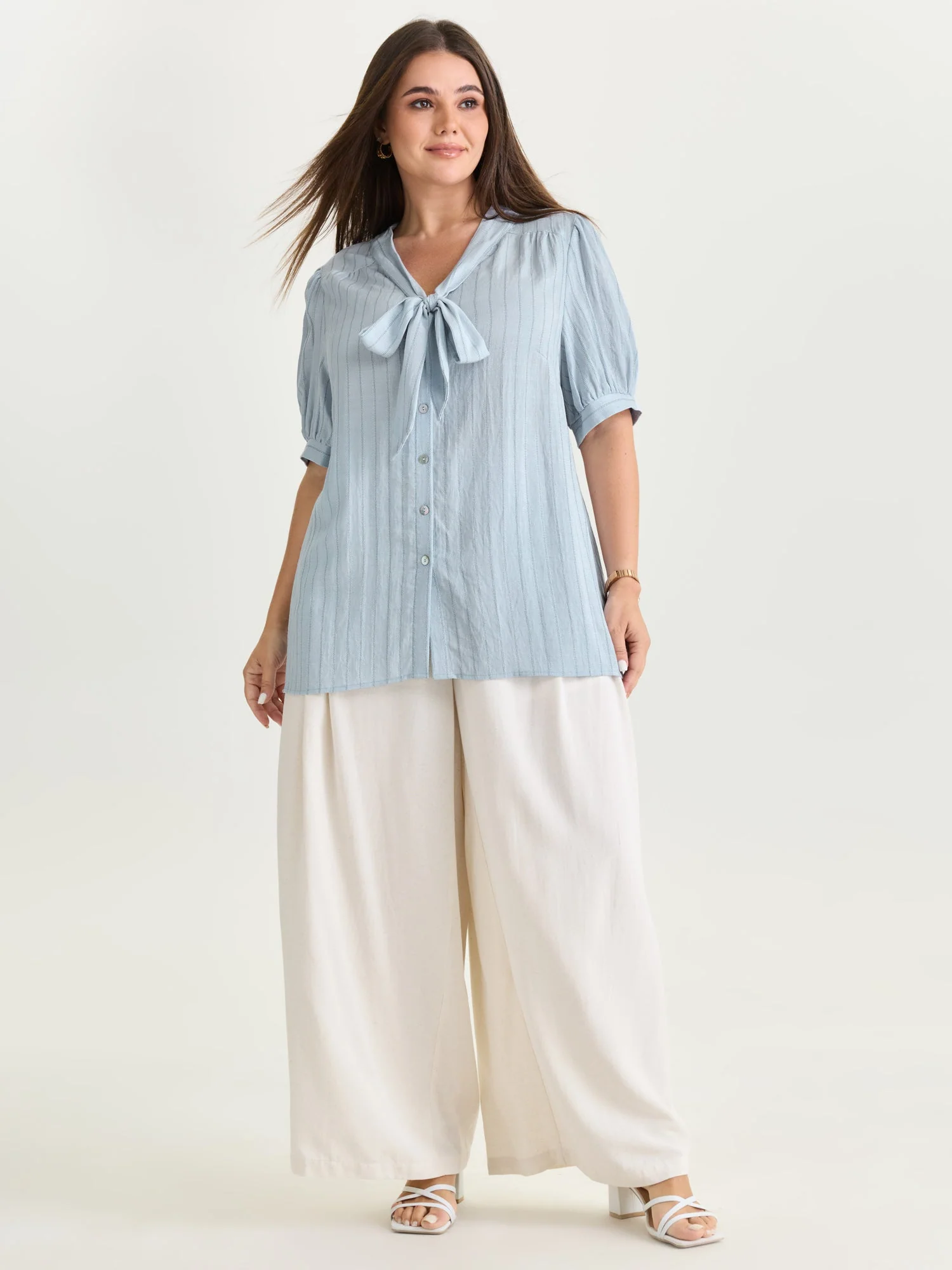Cotton Bowknot Neckline Button-Down Blouse