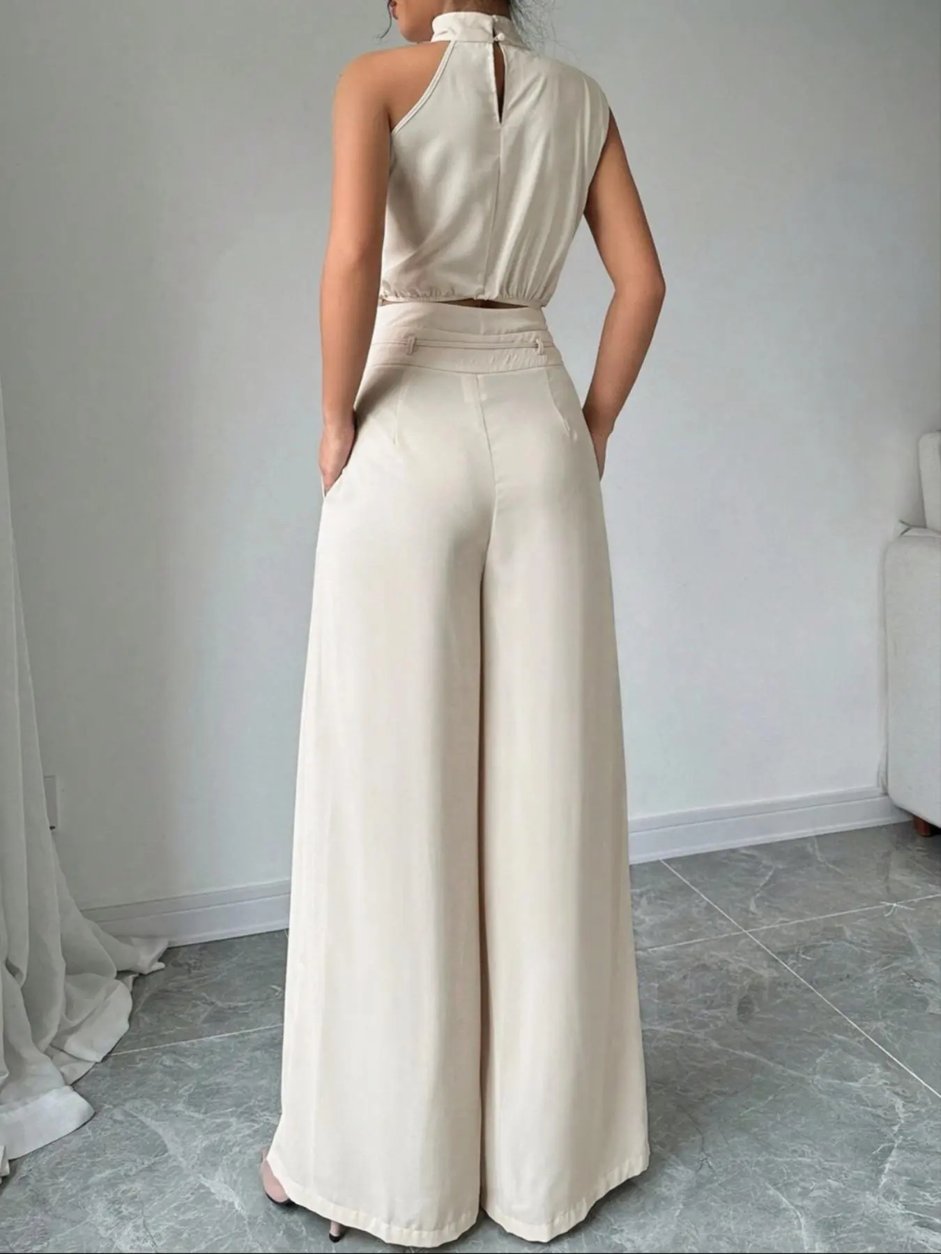 Women's Elegant Two-Piece Set, Irregular Crop Top & Wide-Leg Pants