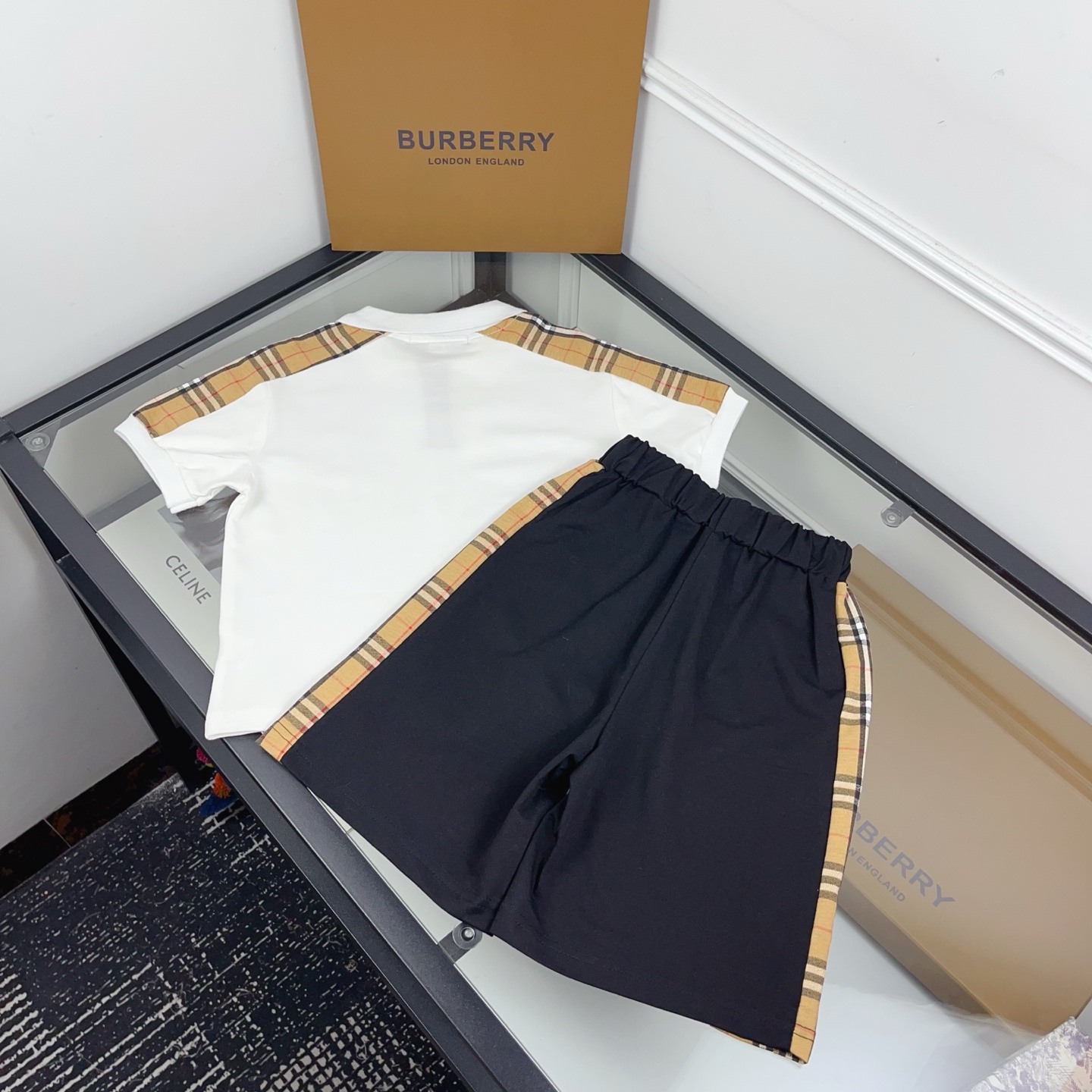 Burberry Unisex Kids Vintage Check Panel Equestrian Logo White Polo & Black Shorts 2 Piece Summer Set Boys Girls Sizes 100-160