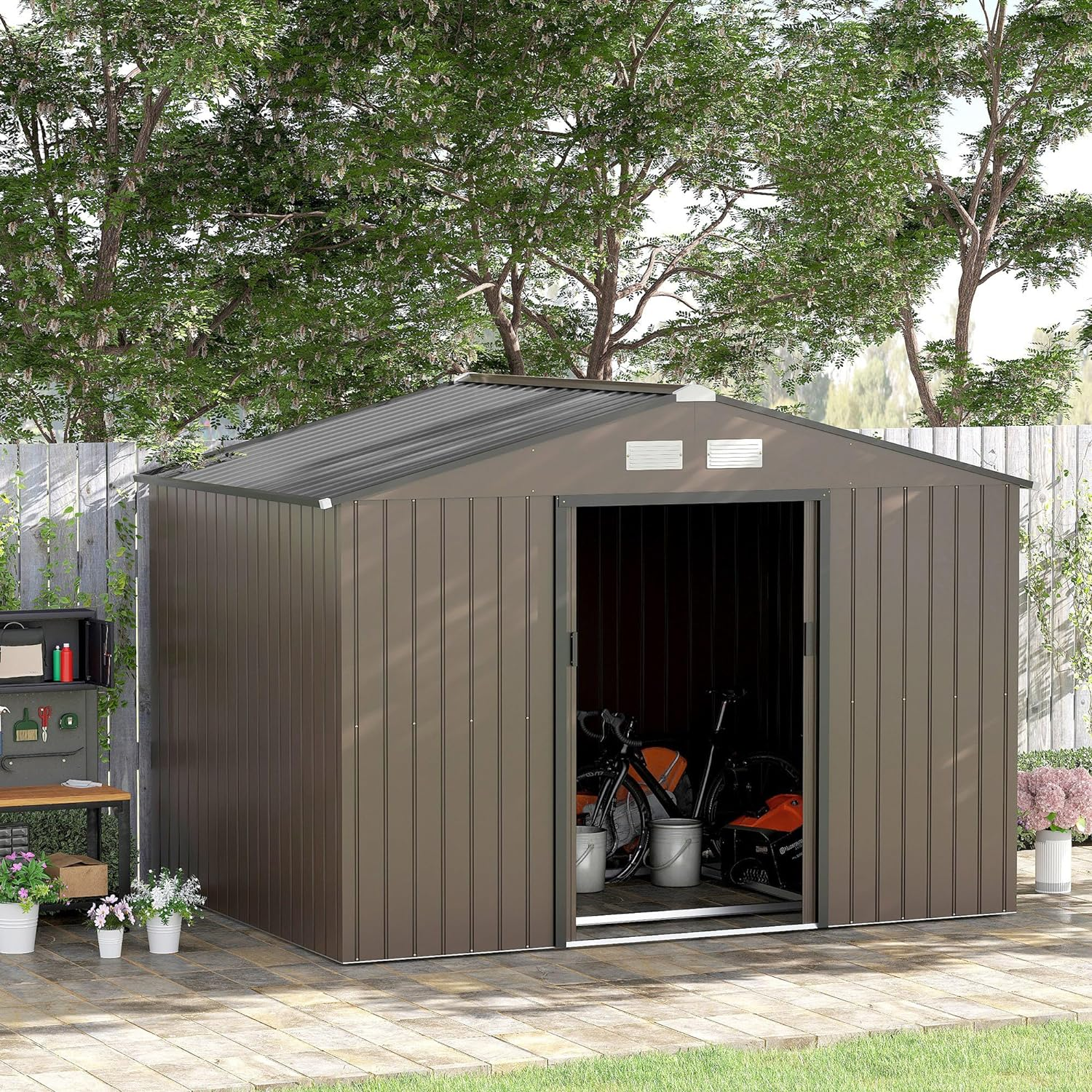 Outsunny 9 x 6ft Garden Metal Storage Shed, Outdoor Storage Tool House with Ventilation Slots, Floor Foundation and Lockable Double Doors