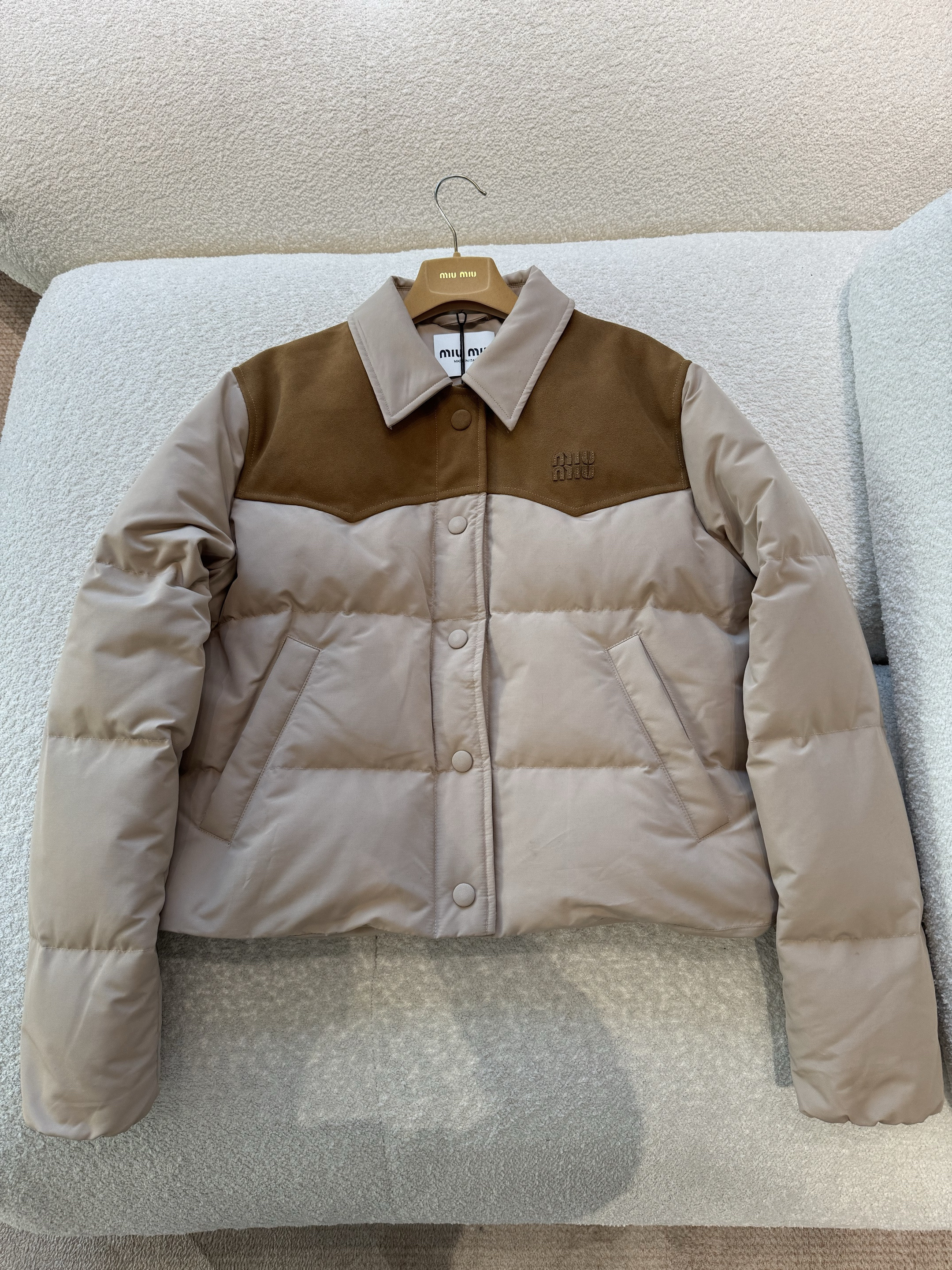 MiuMiu Coffee Technical Pongé And Leather Down Jacket  #336575 #389894