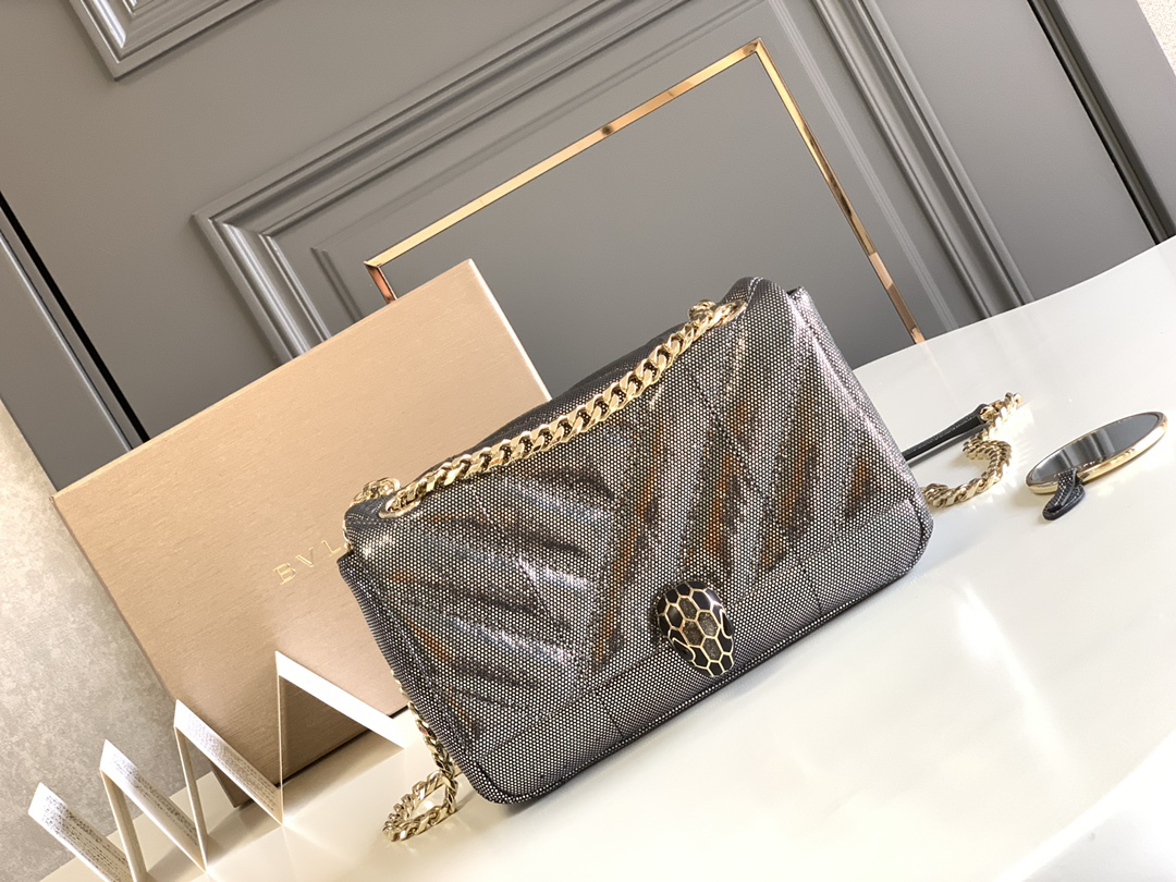[TOP] BVLGARI Serpenti Cabochon Bag Snake Skin 22.5x15x10cm - Gray - 711 Luxury