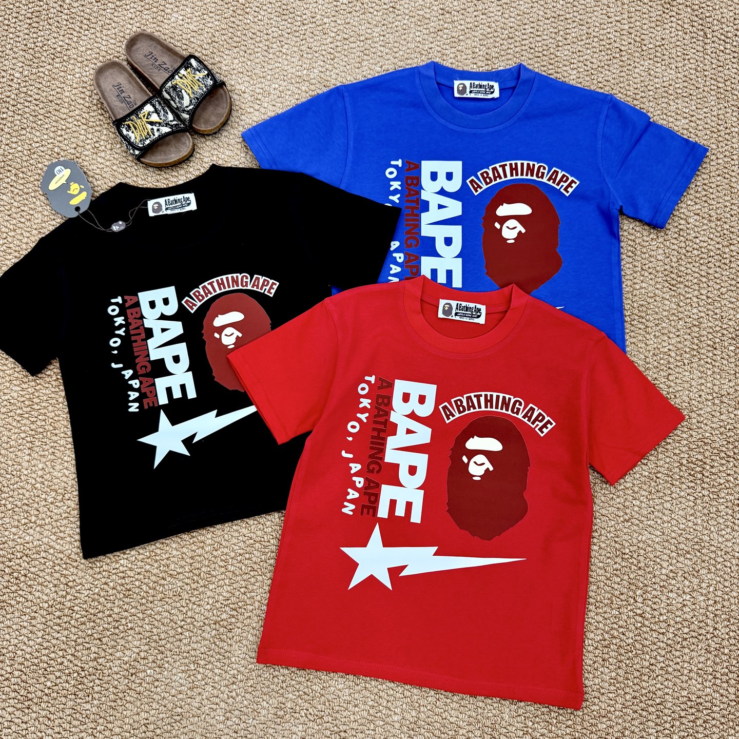 Bape Unisex Kids Black Red Blue Ape Head Star Lightning Graphic Short Sleeve T-Shirt Boys Girls Sizes 90-150