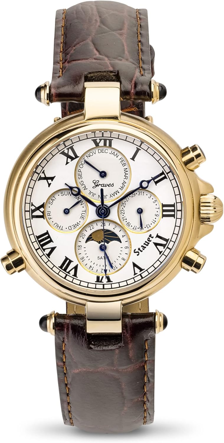 Stauer Gold Finished Graves '33 Wristwatch – Automatic Watch for Men with 39mm Gold Finished Casing – Moon Phase Watch with Brown Leather Band