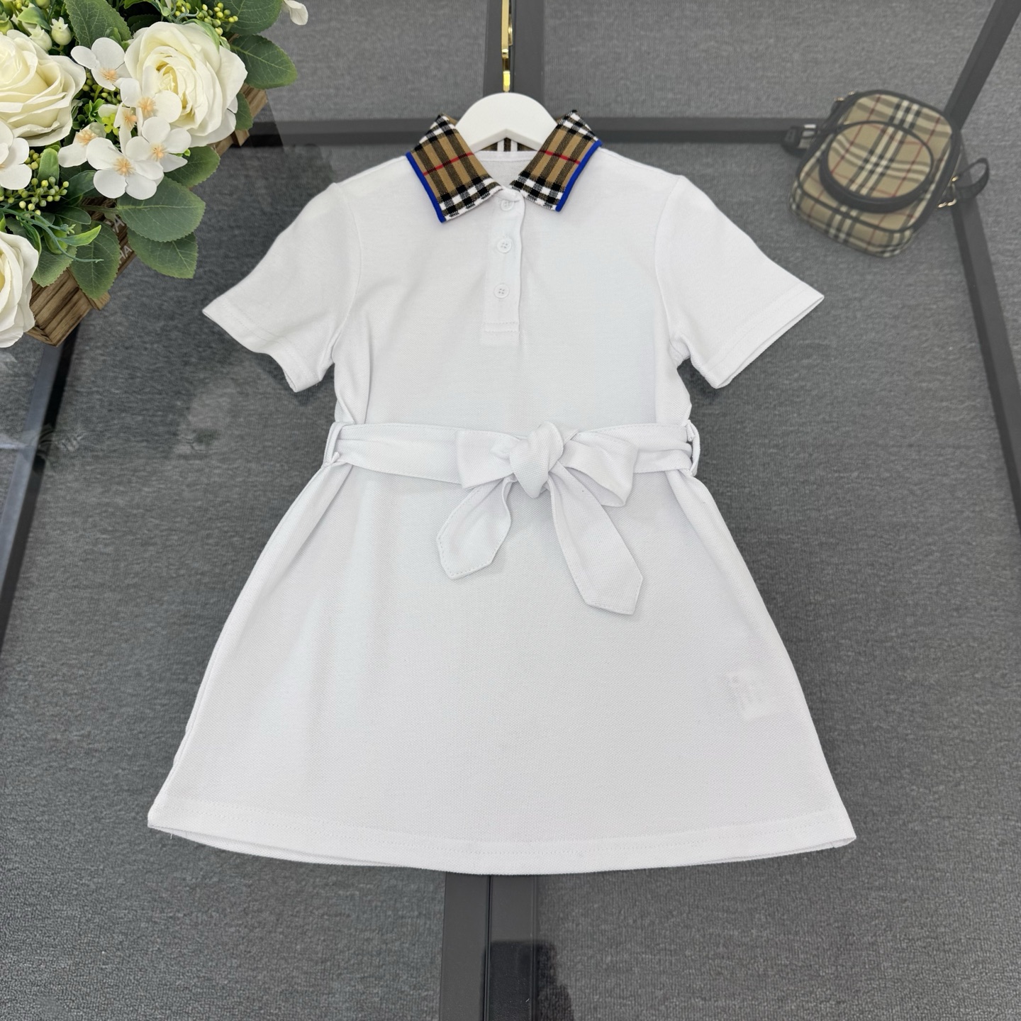 Burberry Girls Vintage Check Collar Belted Short Sleeve Cotton Polo Dress Kids Sizes 100-150 White