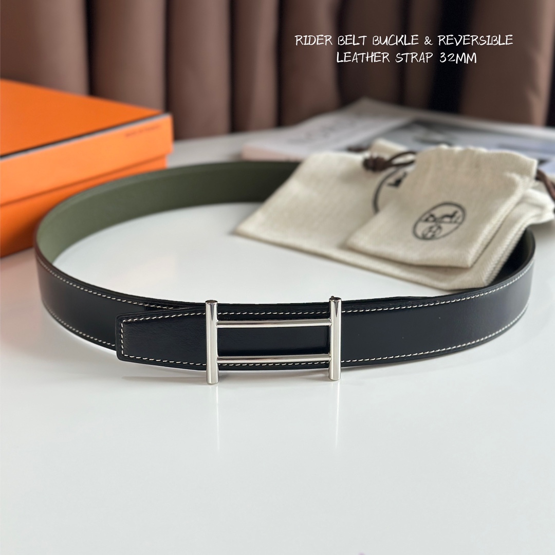 [TOP] HERMES Rider Calfskin Belt 32mm - Black and Green - 711 Luxury