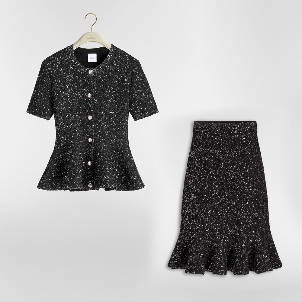 Dior black Clothing DIOR Short-Sleeved and Godet Skirt Peplum Cardigan Black Technical Knit with Silver-Tone Sequins#394768 |