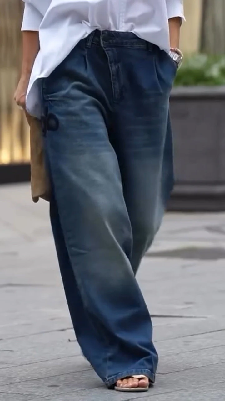 Women V-neck Shirt + Washed Jeans Casual Set