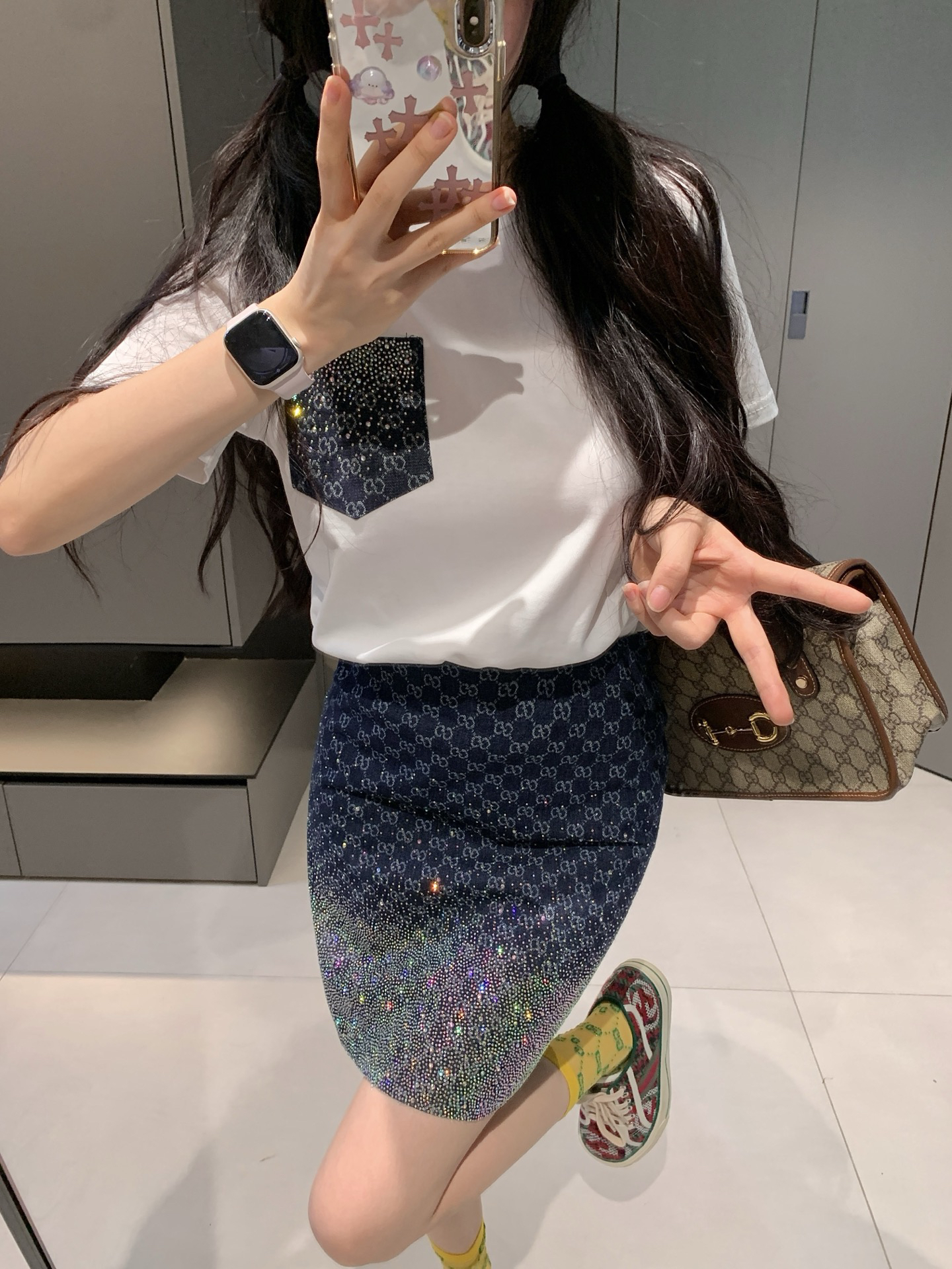 [TOP] GUCCI T-shirt + Skirt Set - White/Navy Blue