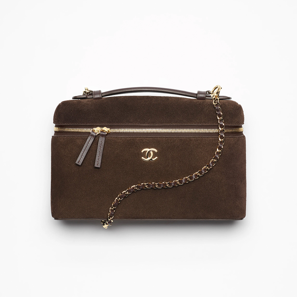 Chanel brown Accessory CHANEL Large Vanity With Chain Suede Calfskin Gold Metal Dark Brown #393285 | Nigo Office
