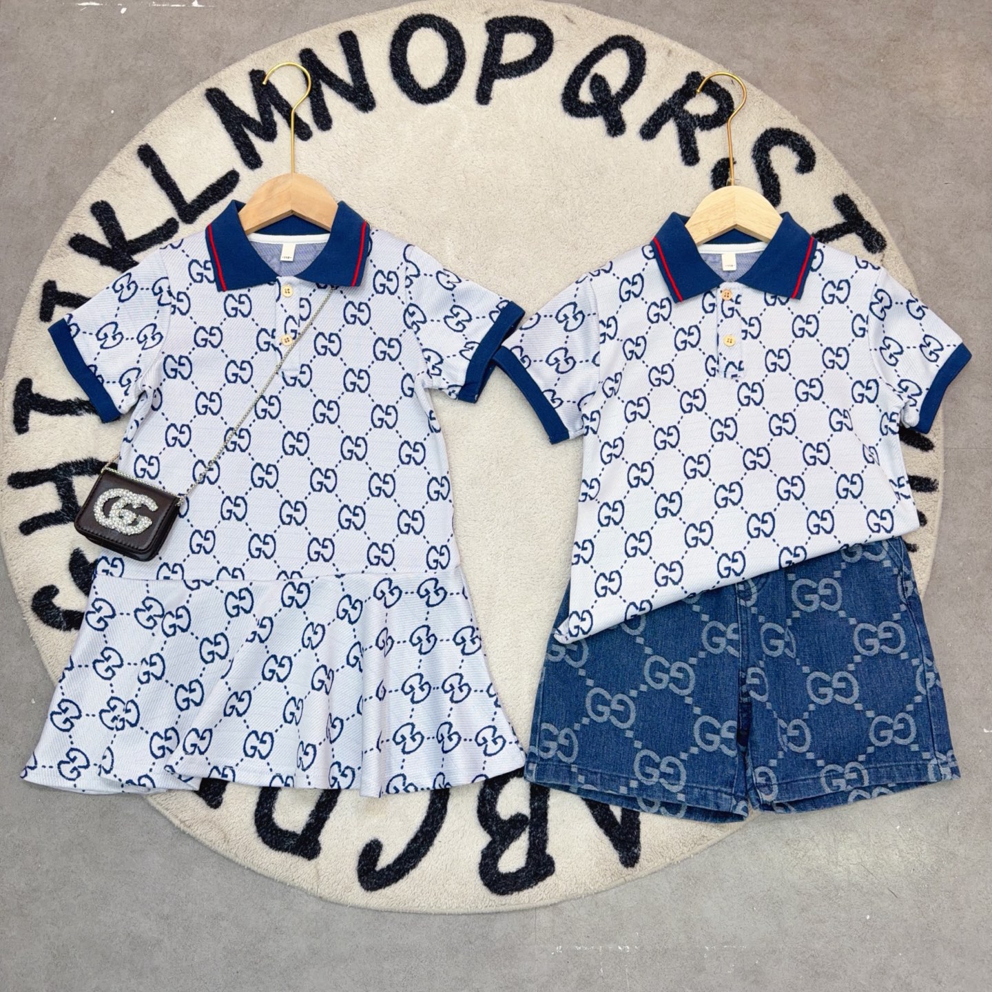 Gucci Unisex Kids All Over GG Print Polo Dress & Matching Shorts Skirt Sibling Two Piece Sets Boys Girls Sizes 90-160