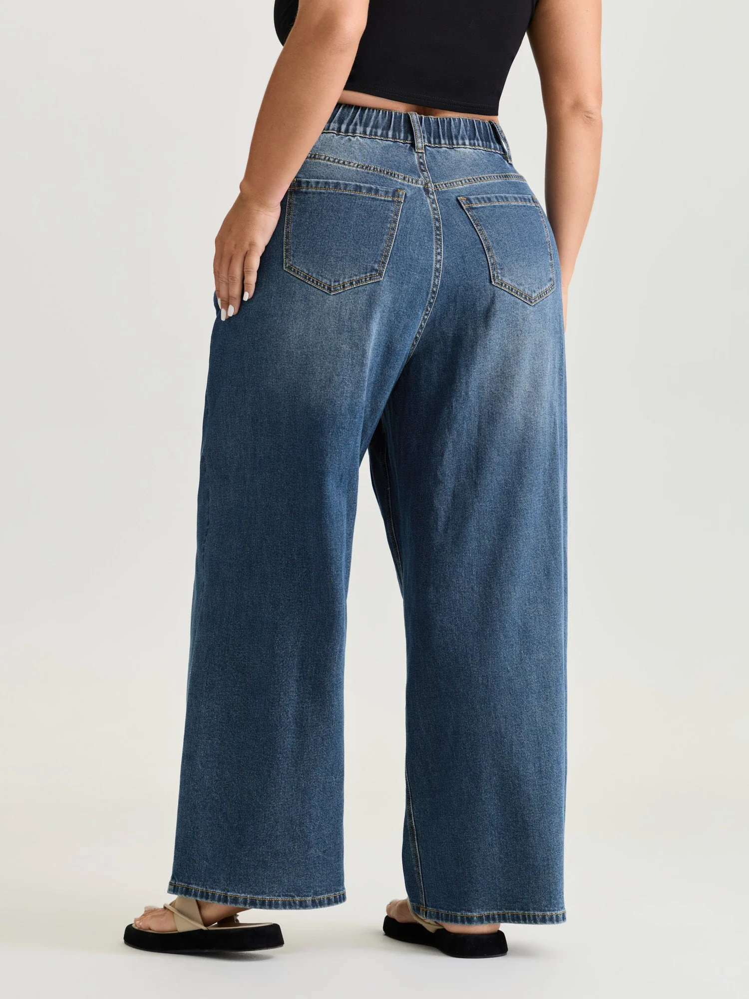Stretchy Elastic Back Waist Wide-Leg Jeans