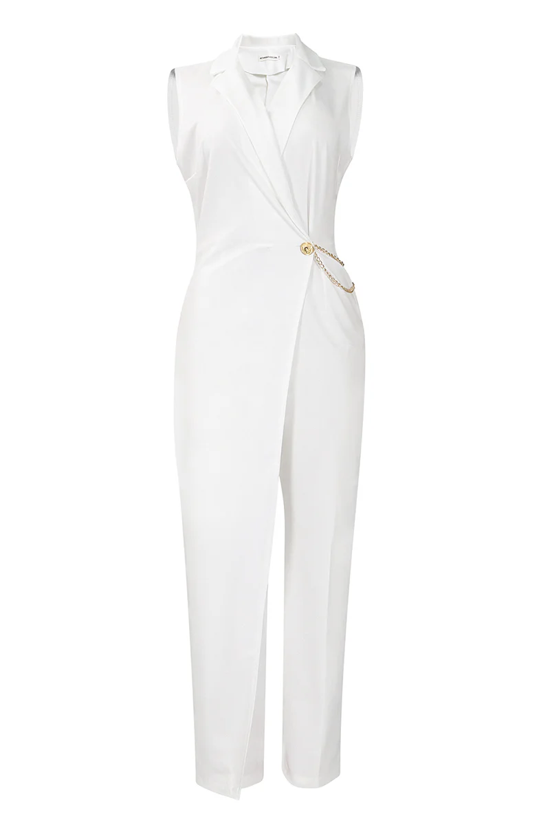 Deep V Neck Overlay Straight Leg Sleeveless Plain Jumpsuit-White