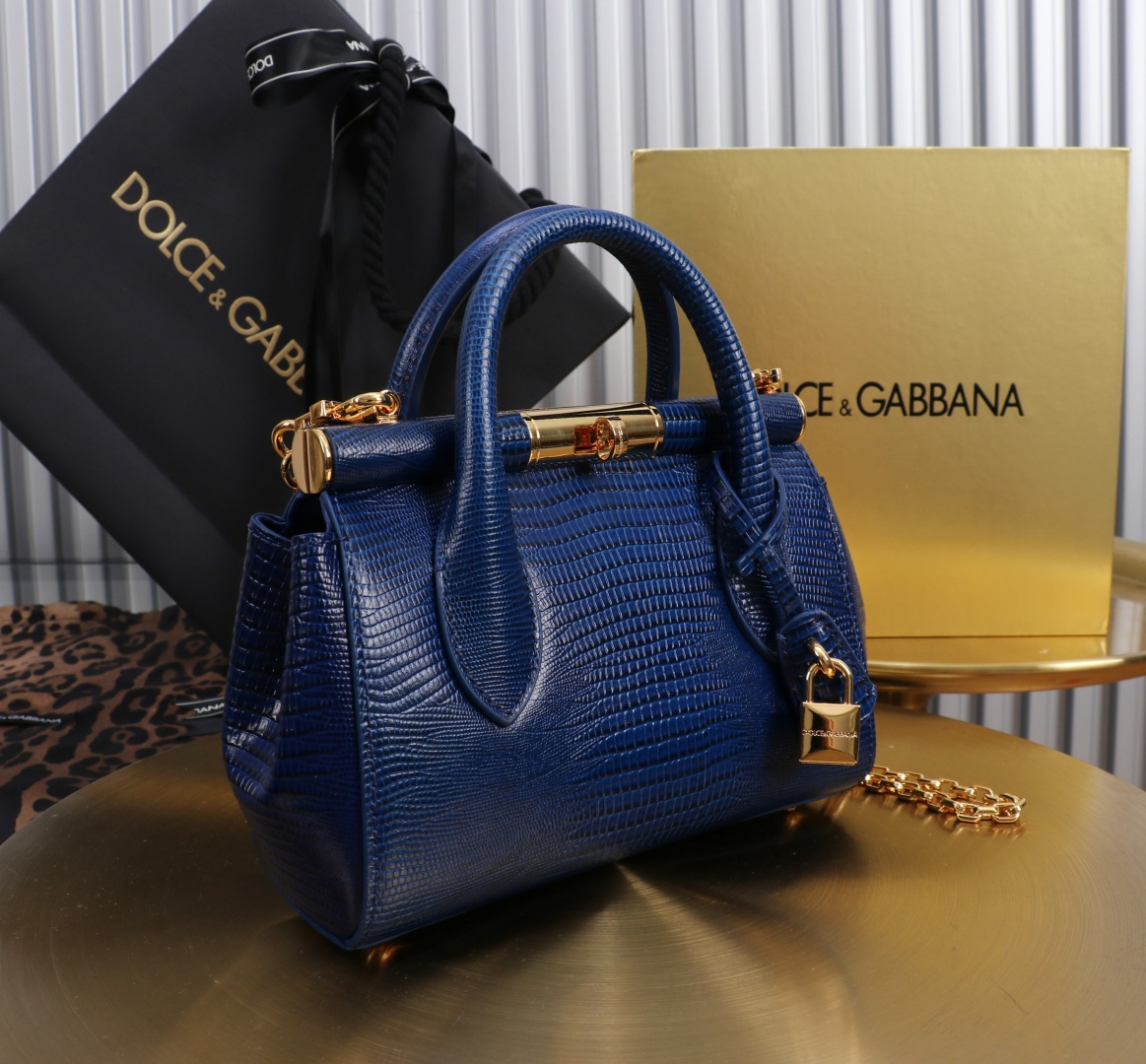 [TOP] Dolce & Gabbana D&G Marlene Bag Calfskin with Lizard Print 19x13.5x7cm - Royal Blue - 711 Luxury