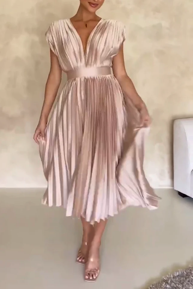 Women's Elegant V-neck Shiny Pleated Sleeveless Dress