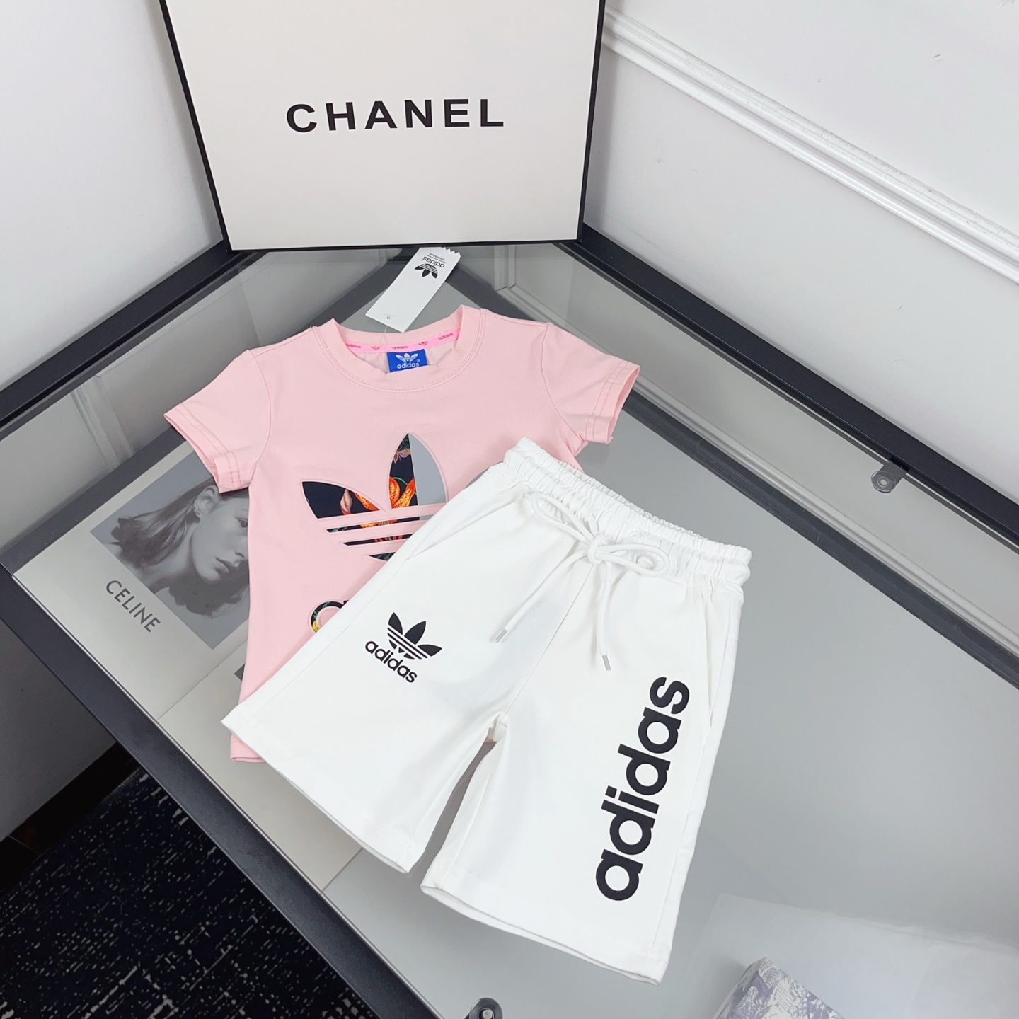 Adidas Girls 2 Piece Summer Tracksuit Set Colorful Gradient Trefoil Print Short Sleeve T-Shirt & Drawstring White Shorts Sibling Matching Kids Outfit Sizes 90-130