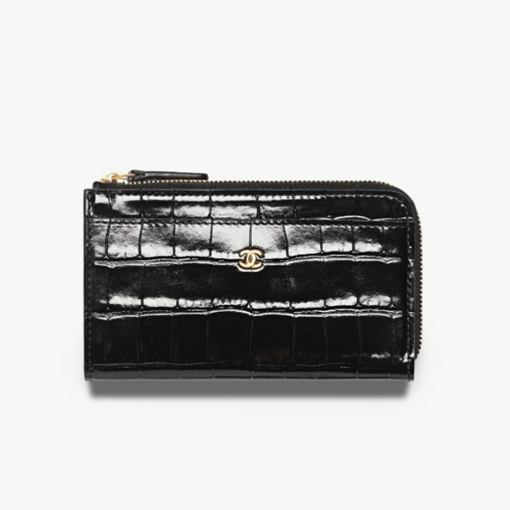 Chanel black Wallet CHANEL Zippered Card Holder Crocodile Leather Black Gold #389742 | Nigo Office