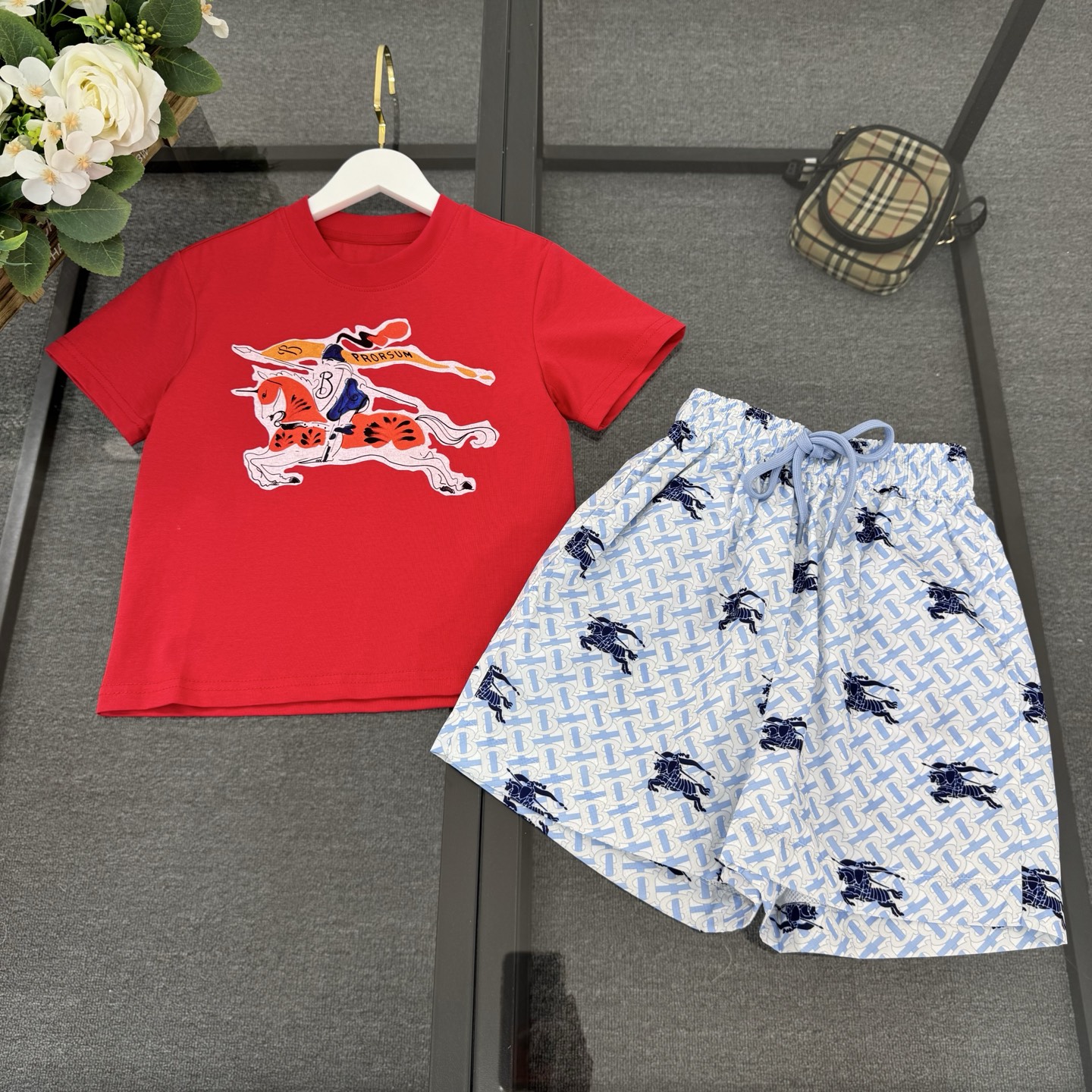 Burberry Unisex Kids Red Foam Equestrian Knight Print Short Sleeve T Shirt & All Over Logo Print Drawstring Shorts Two Piece Vacation Set Boys Girls Sizes 100-150